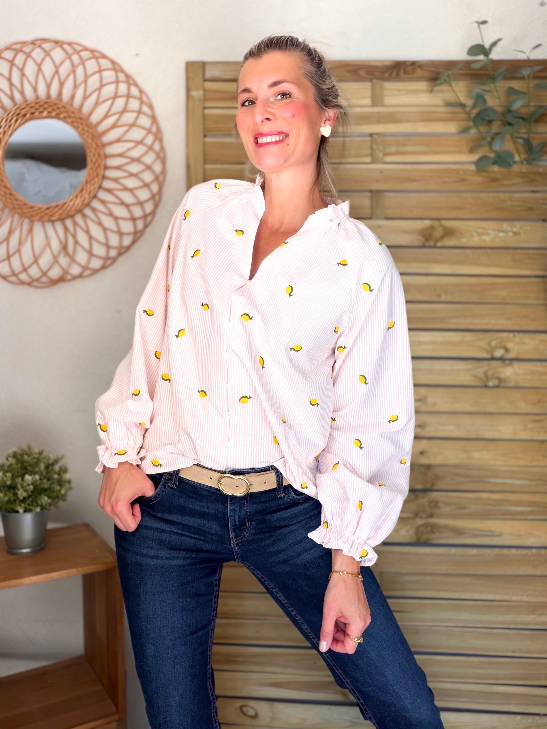 Blouse rayée rose avec citrons brodés 🍋 NICOLE