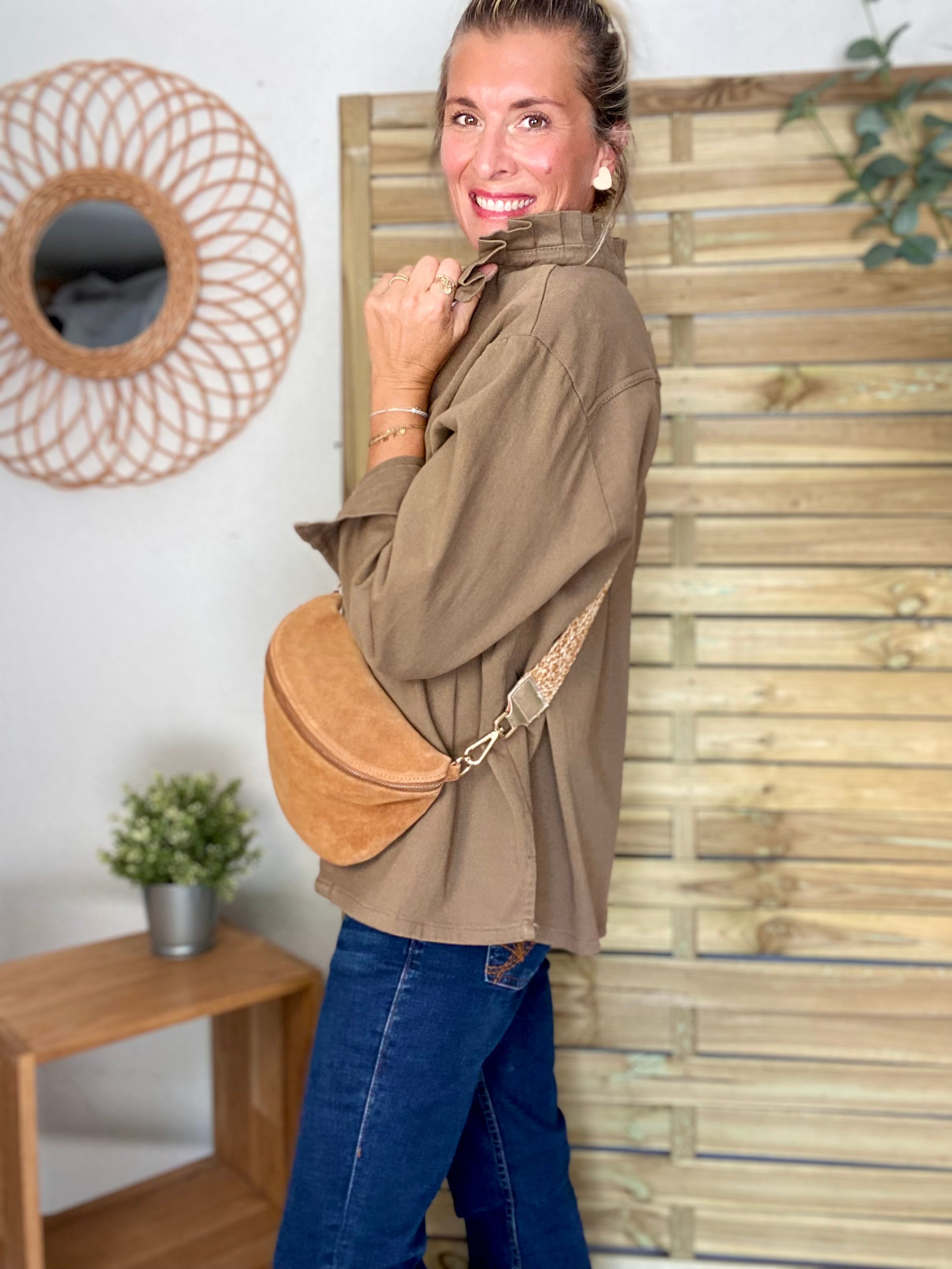 Veste / Chemise en coton, col volanté Camel foncé LISON