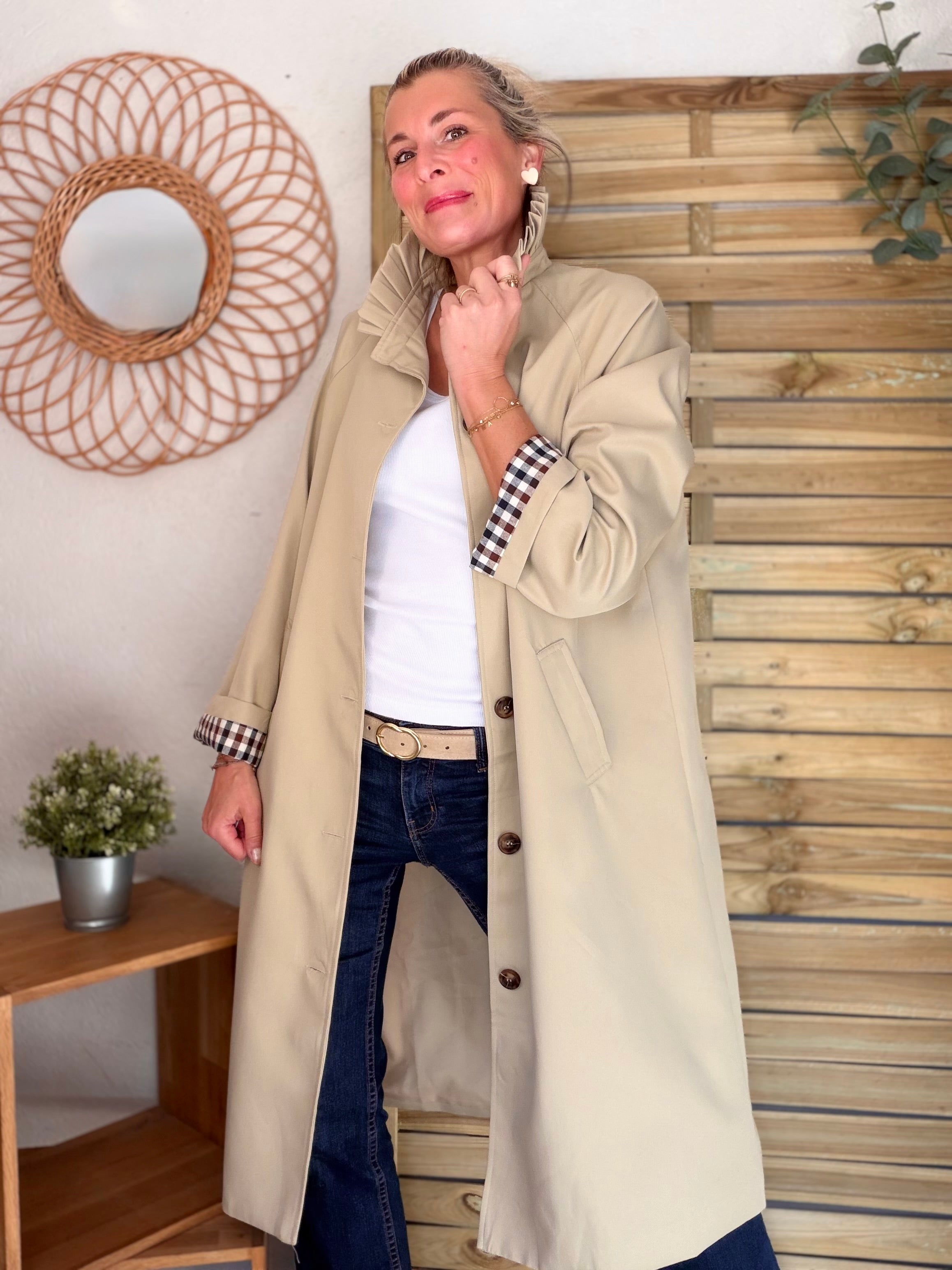 Veste Trench col victorien avec vichy - VICKY LONG Beige
