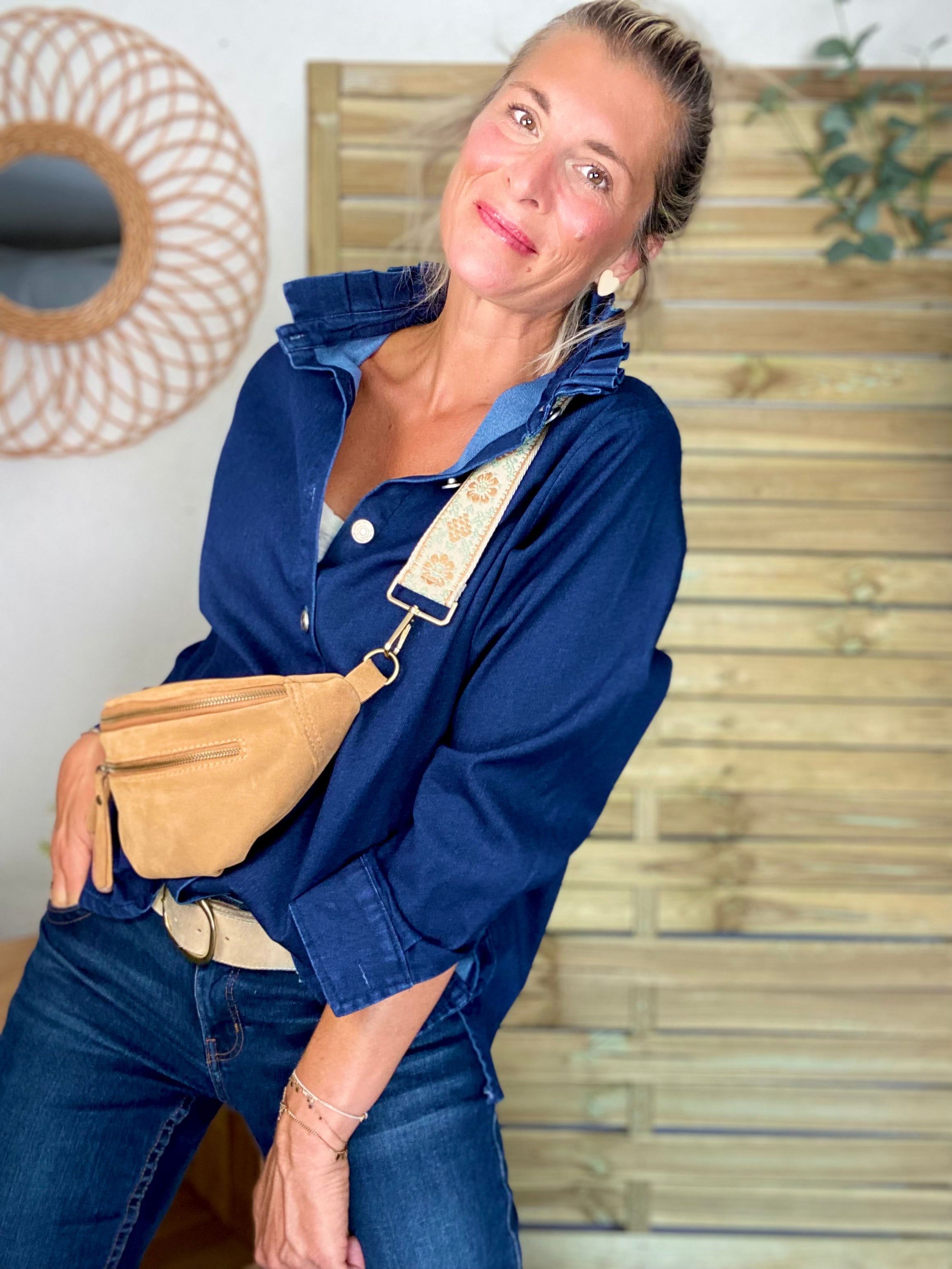 Veste / Chemise en coton, col volanté Bleu Jean LISON
