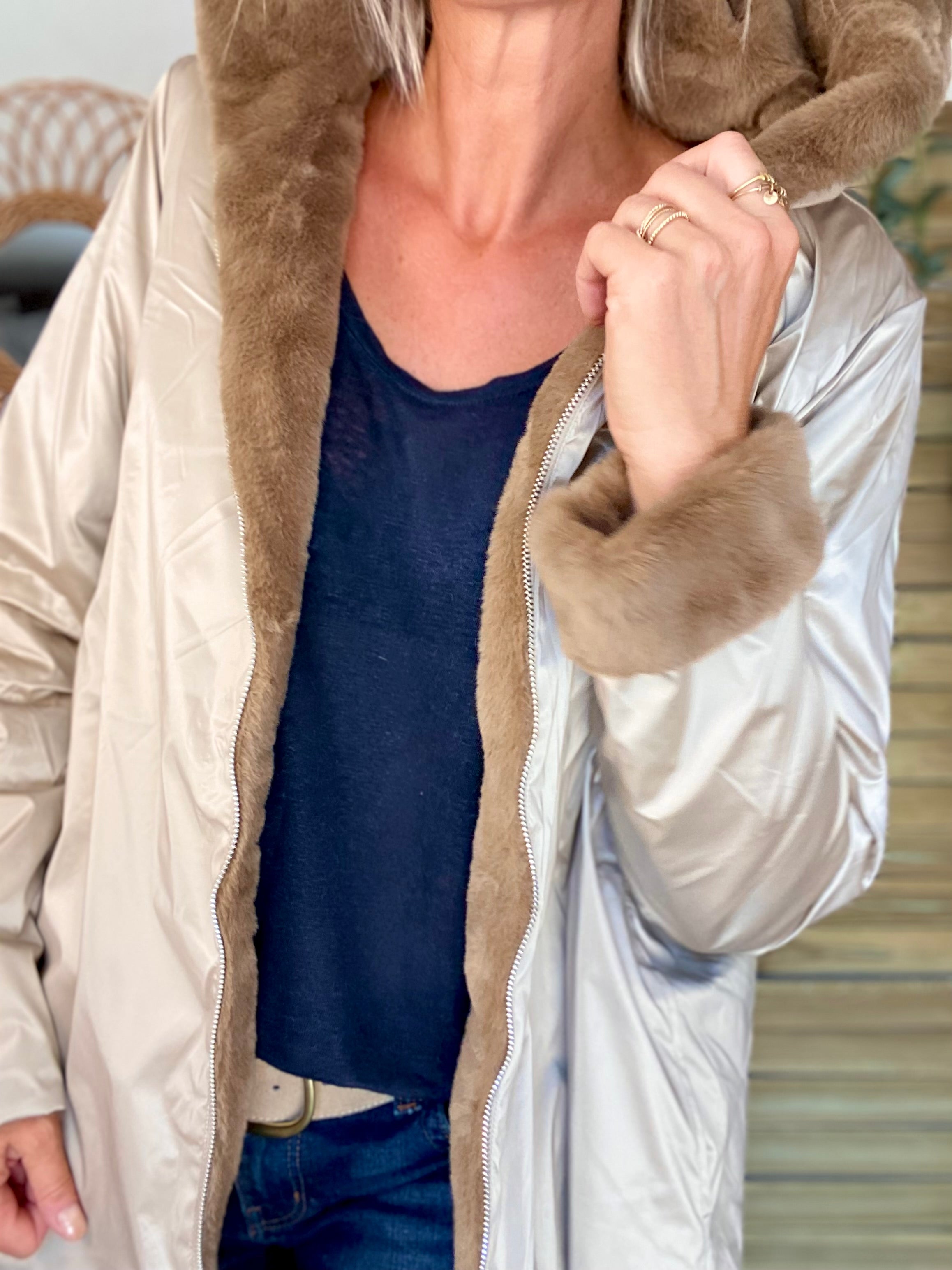 Parka Imperméable réversible fourrée Sable irisé / Camel ALIX - LAURA JO