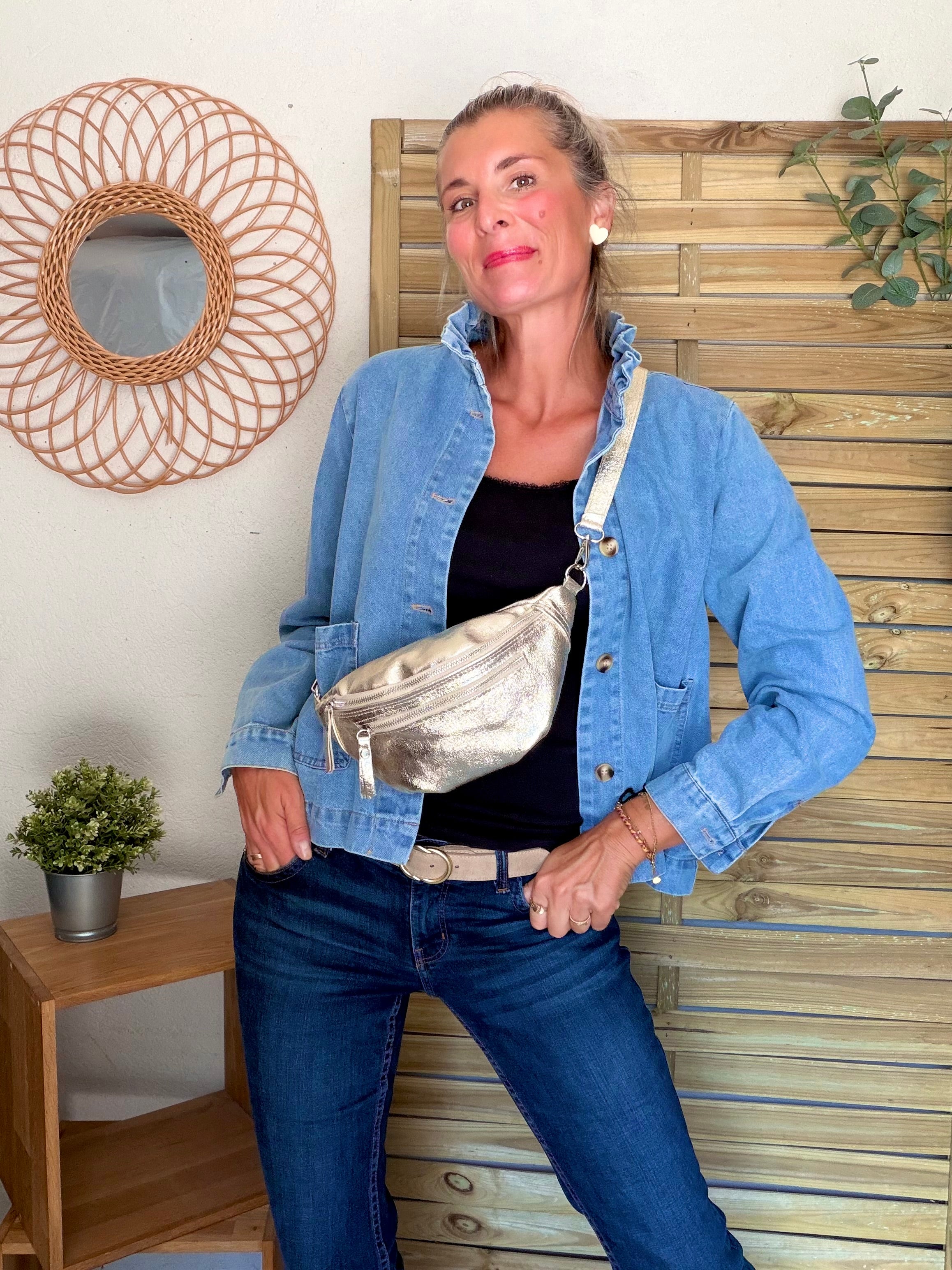 Sac banane en cuir irisé double poche - OPALE - Doré / argent