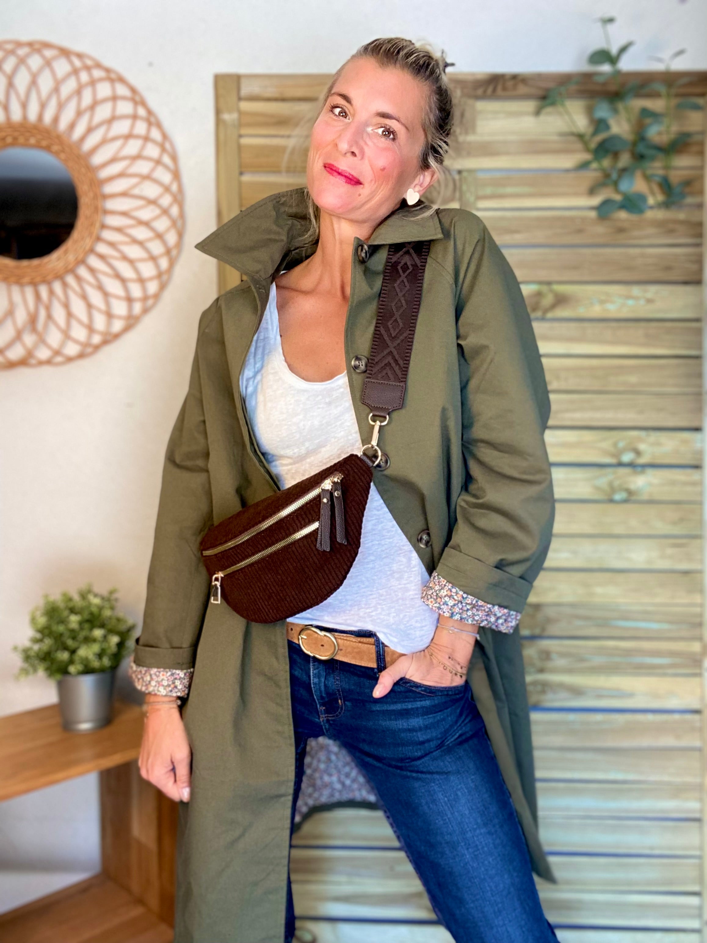 Veste Trench en coton kaki avec Liberty - MAHAUT LONG