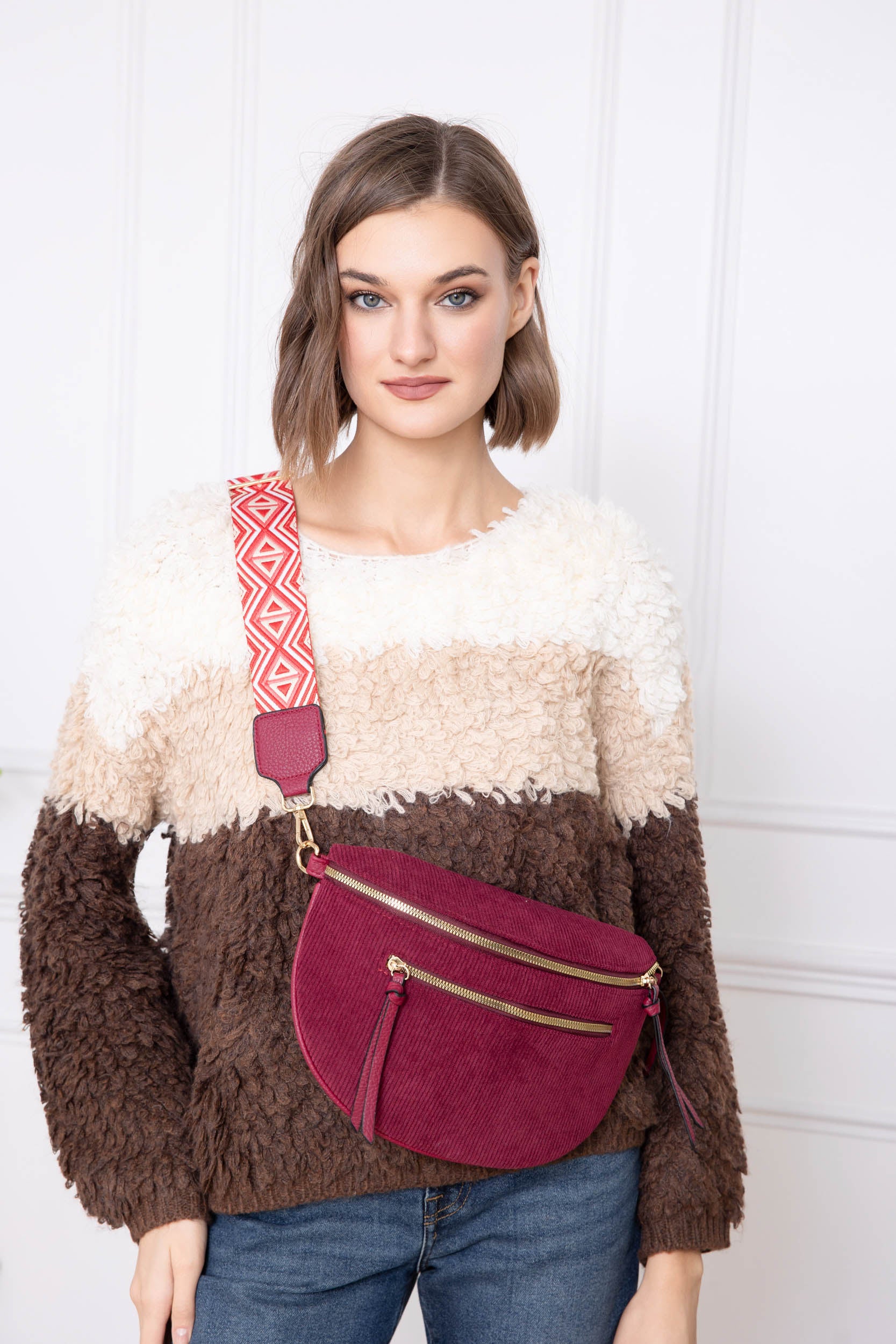 Sac banane en velours côtelé, sangle fantaisie - KATY - Bordeaux