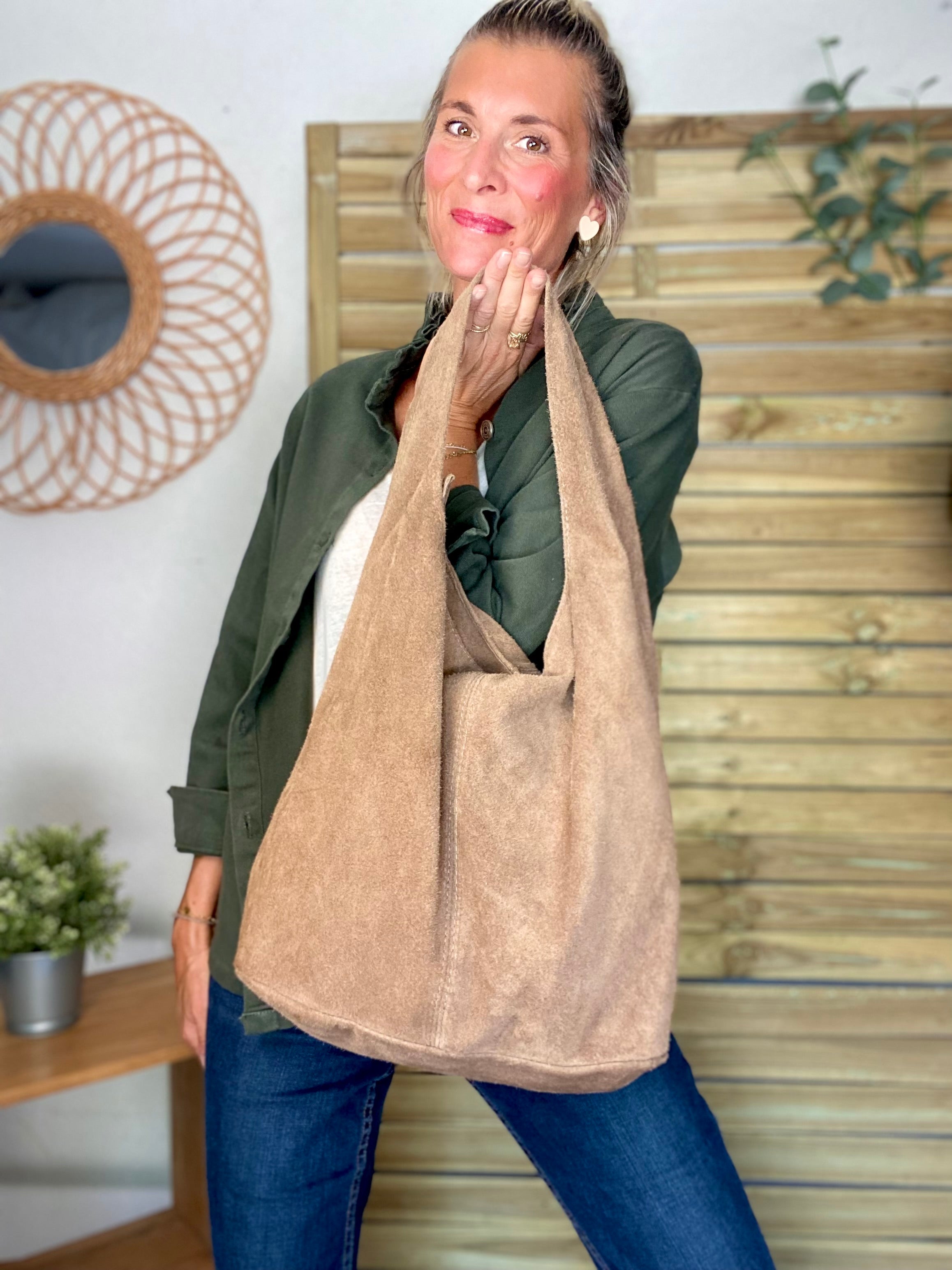Sac cabas cuir daim MARLON - Beige taupe