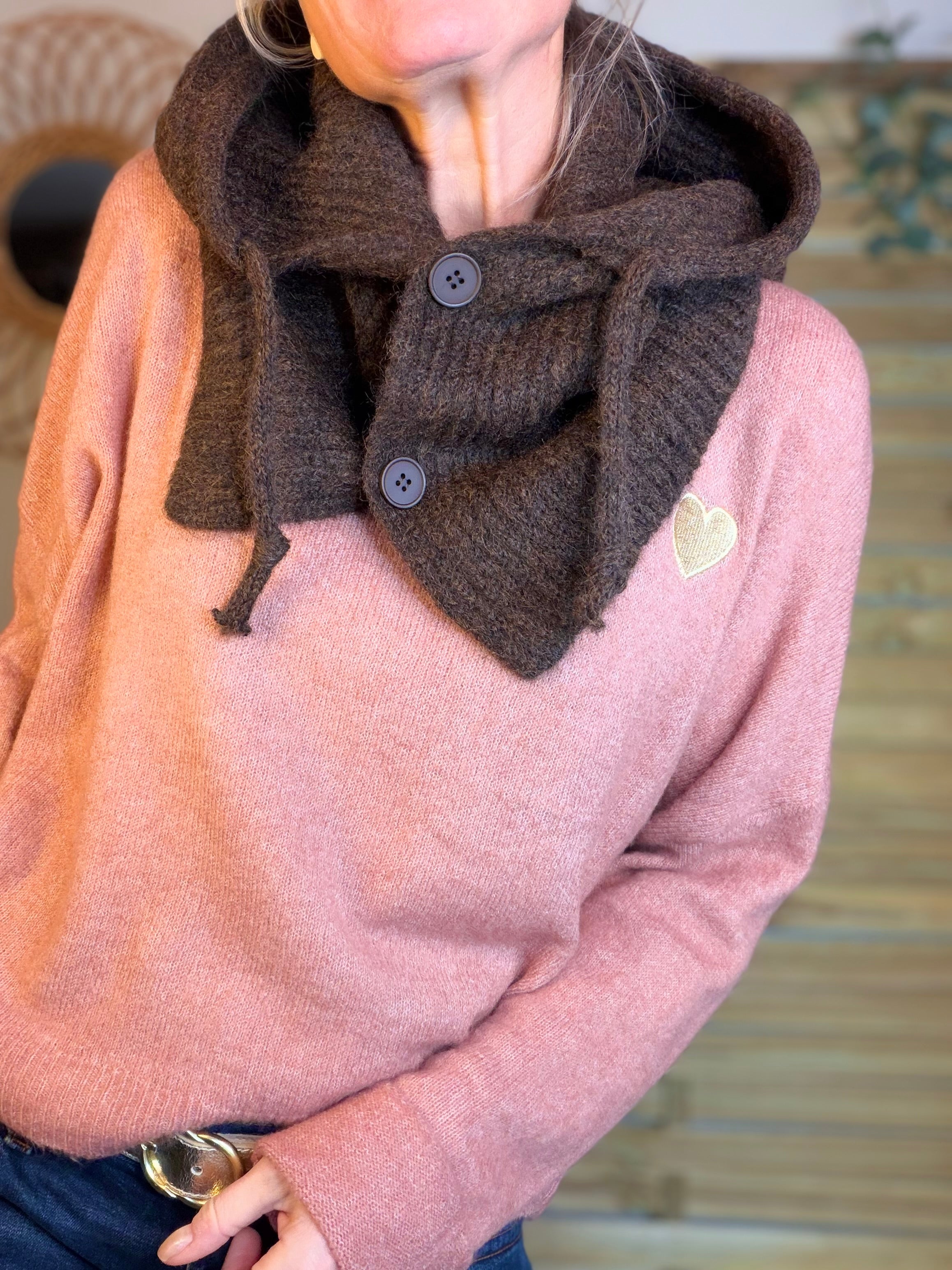 Col cagoule LORIE en maille avec bouton - Chocolat