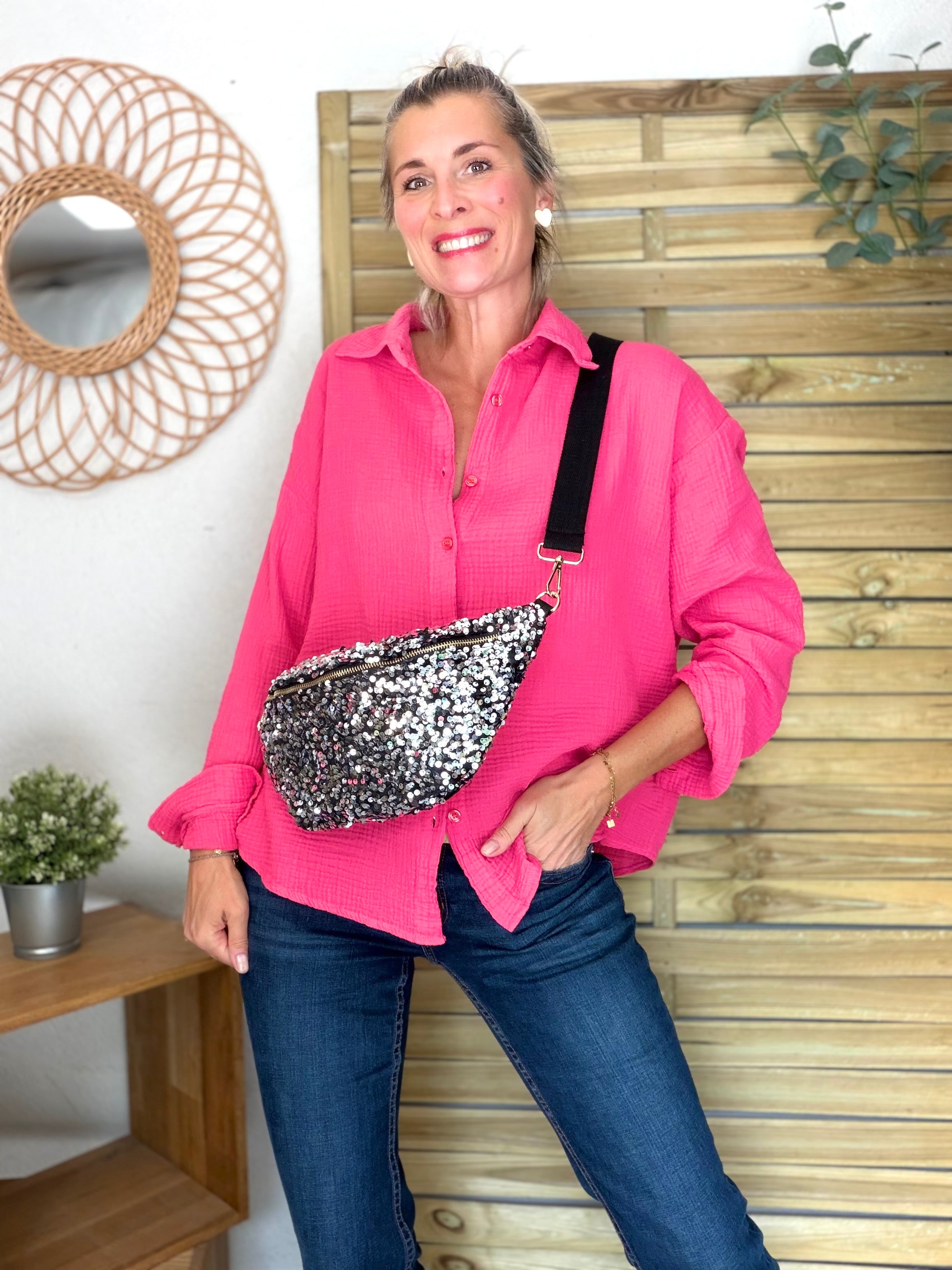 Sac banane L velours à sequins Ciao Boum- TAYLOR - Noir / Argent