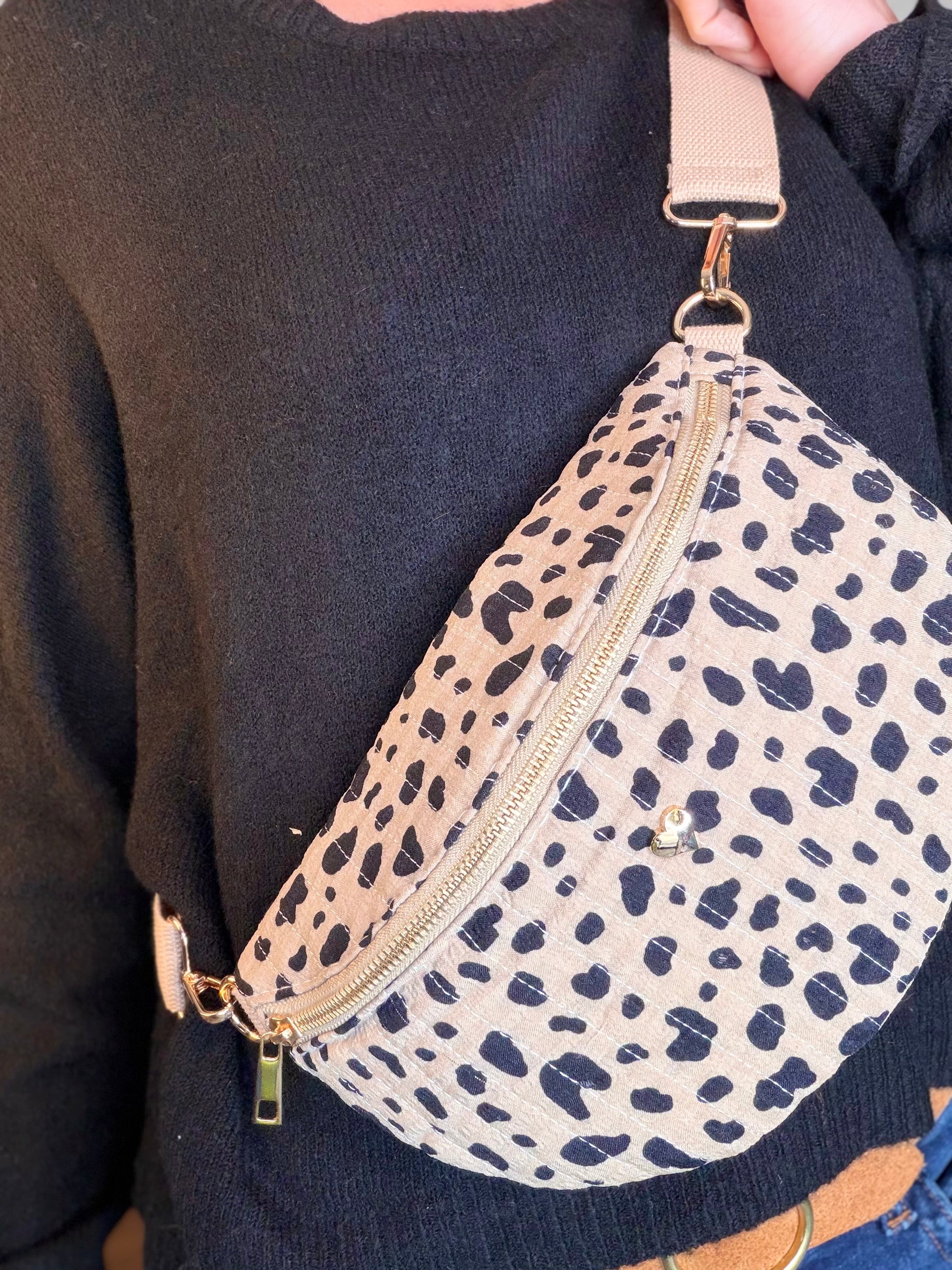 Sac banane L matelassé cœur doré 💛 JOSIE - Tacheté taupe