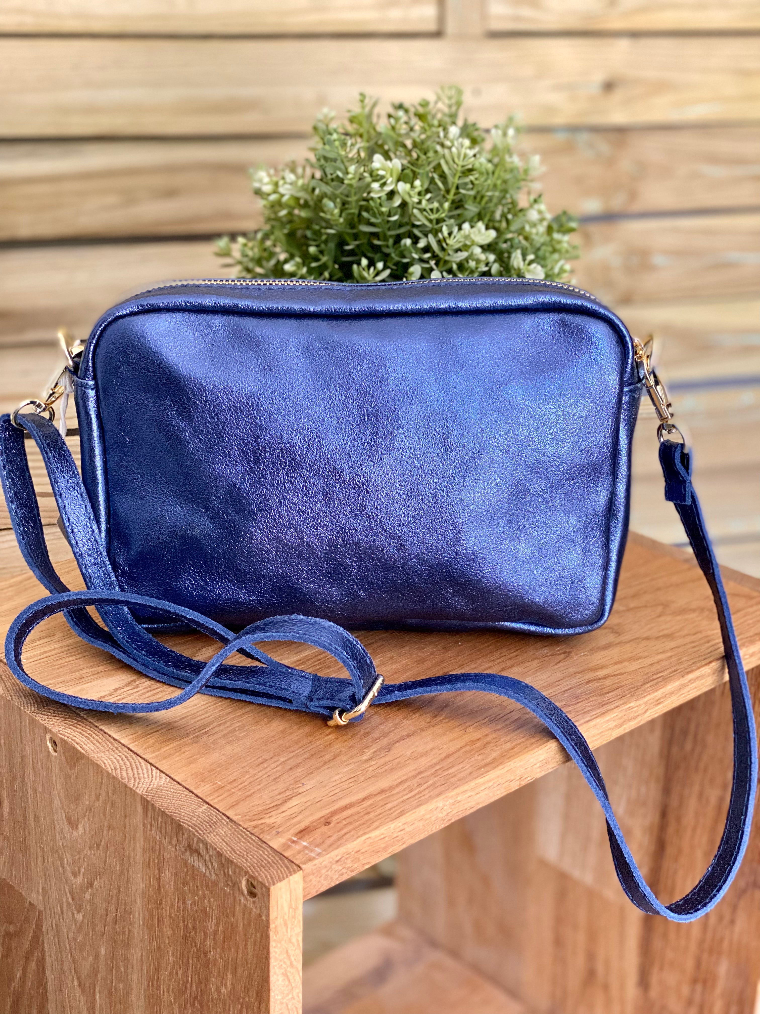 Sac bandoulière en cuir irisé - CHERRY - bleu jean