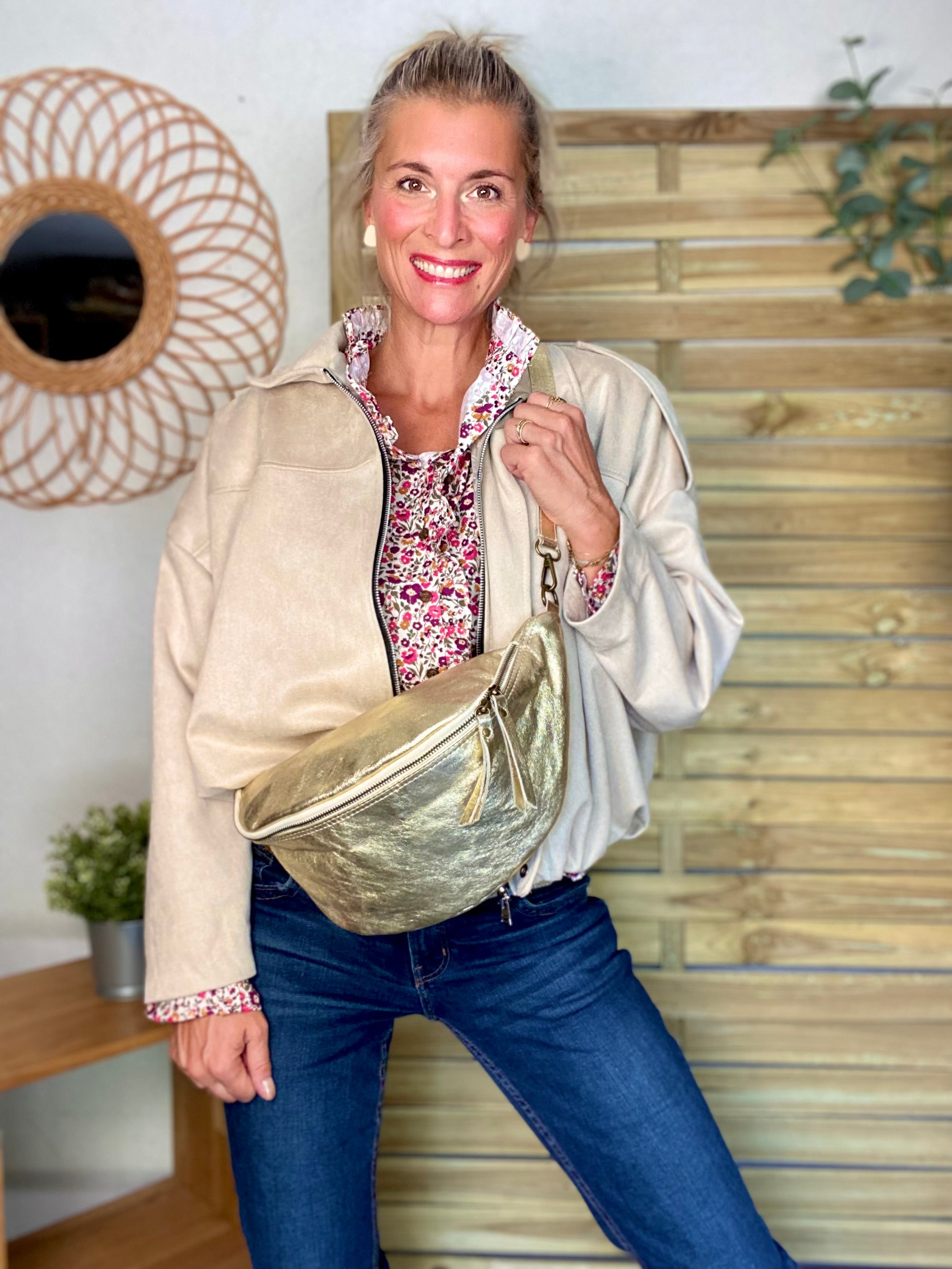 Sac banane XL en cuir - JANE - Doré