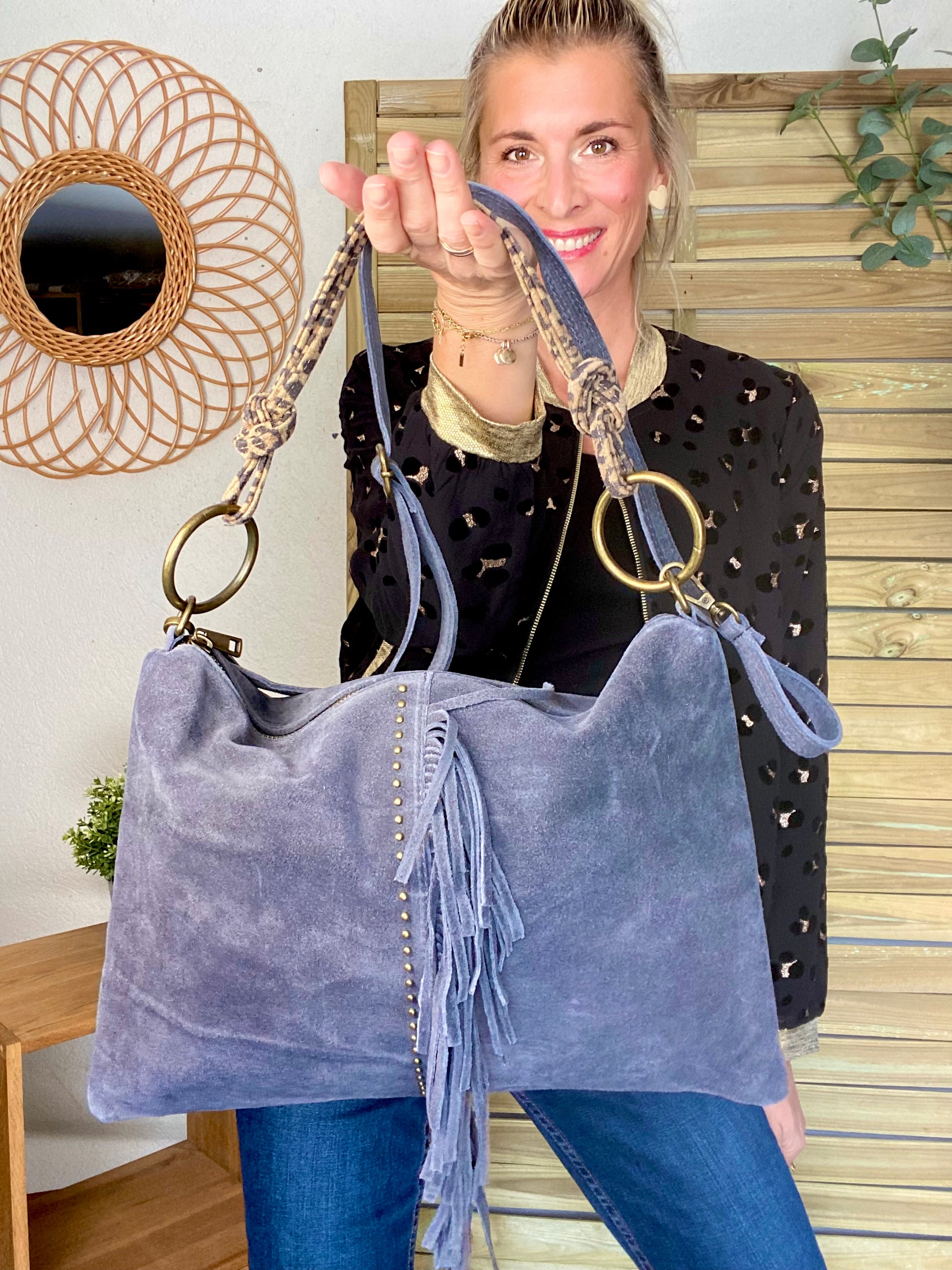 ⚡️PÉPITES FRIDAY - Sac en cuir daim 2 bandoulières (Léo et gris) - Gris foncé - BROOKLYN