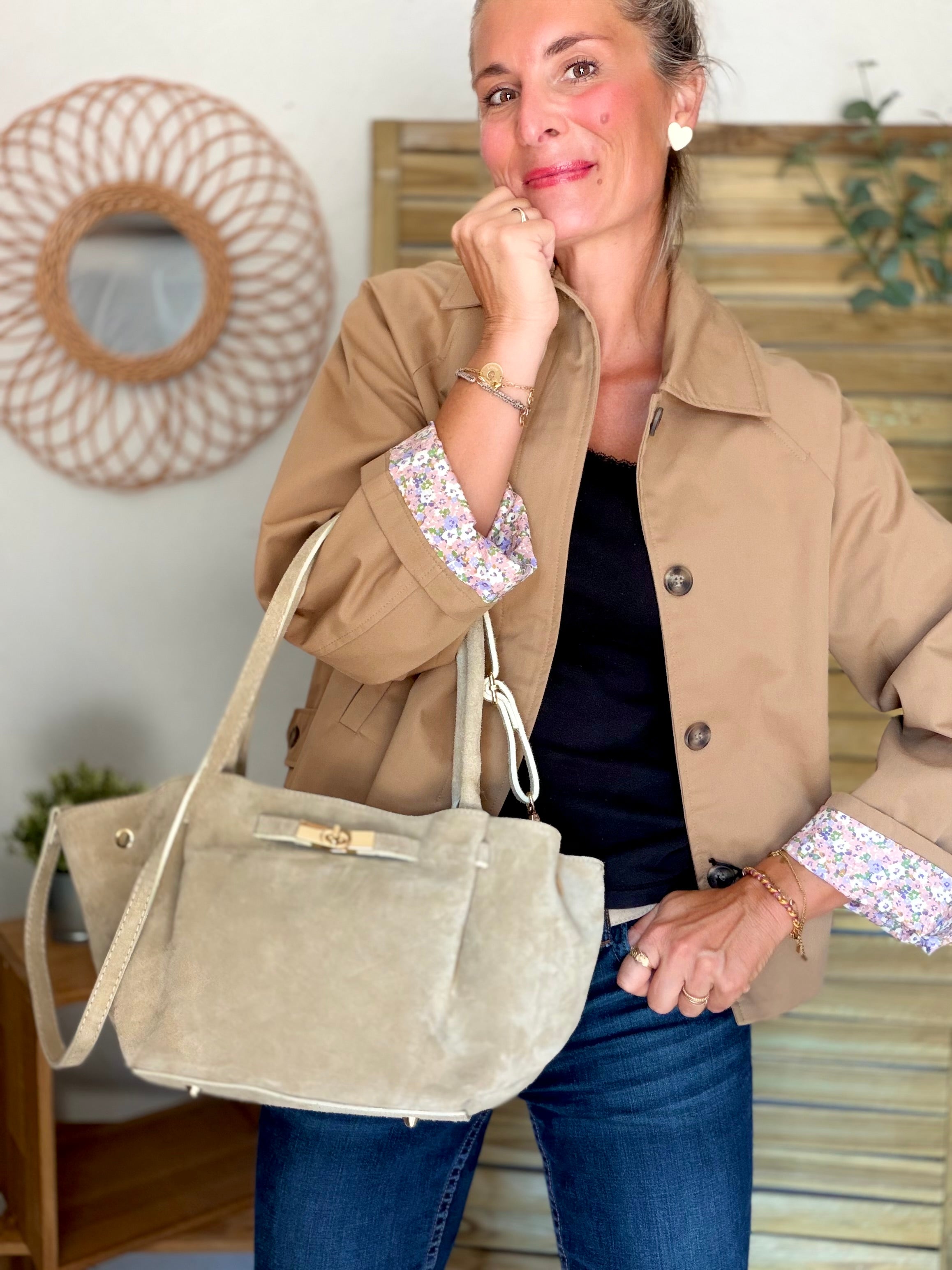 Sac cabas en cuir daim HANA - Beige