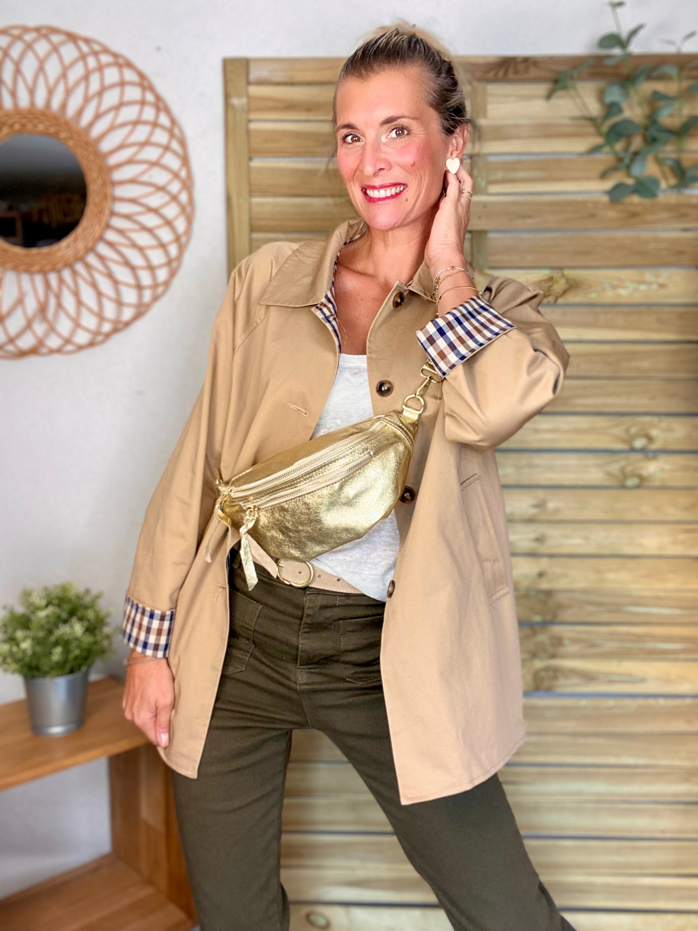 Sac banane en cuir irisé double poche - OPALE - Doré / doré