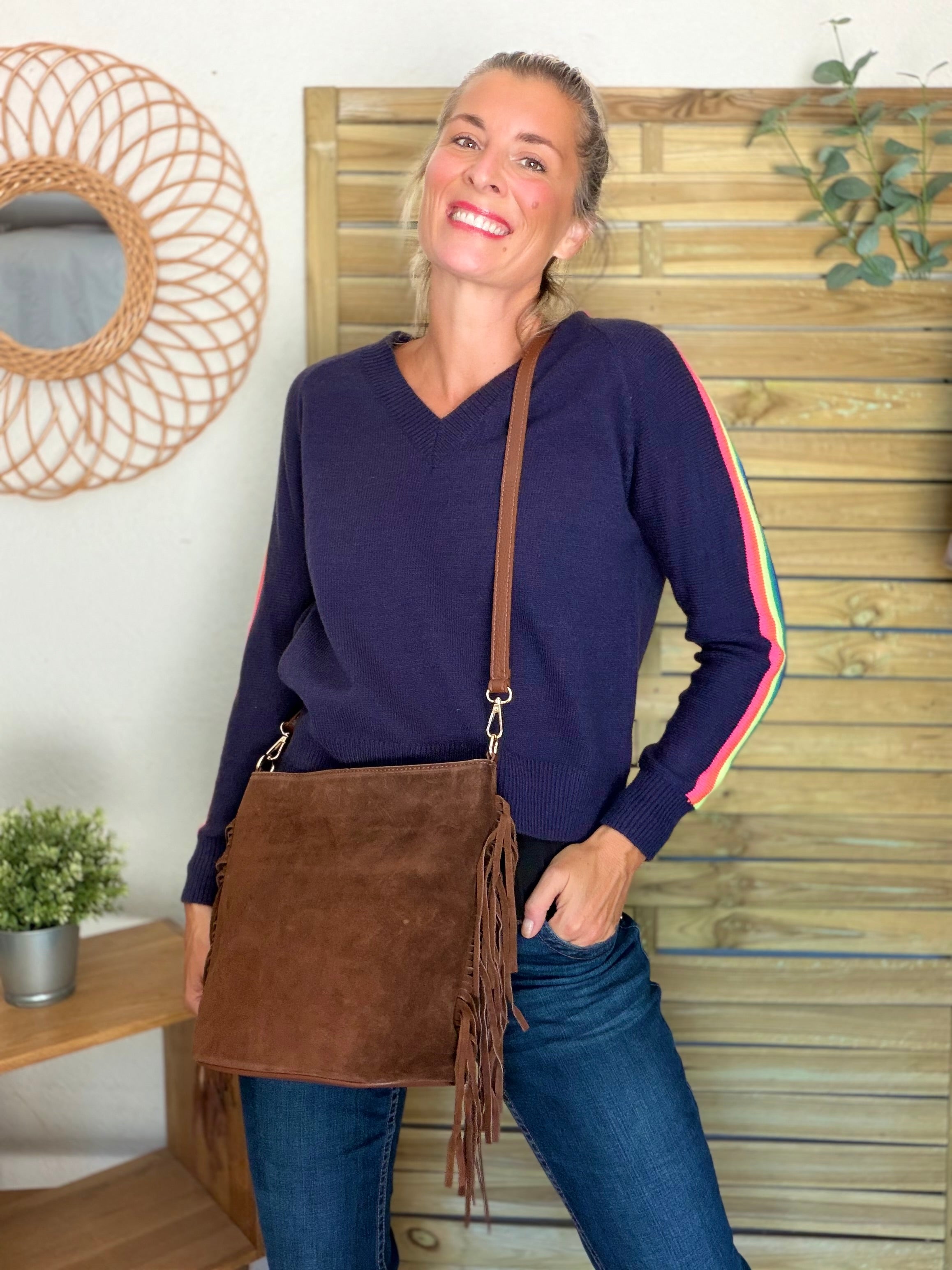 Sac seau en cuir daim avec franges KYLIE - Camel foncé (Café)