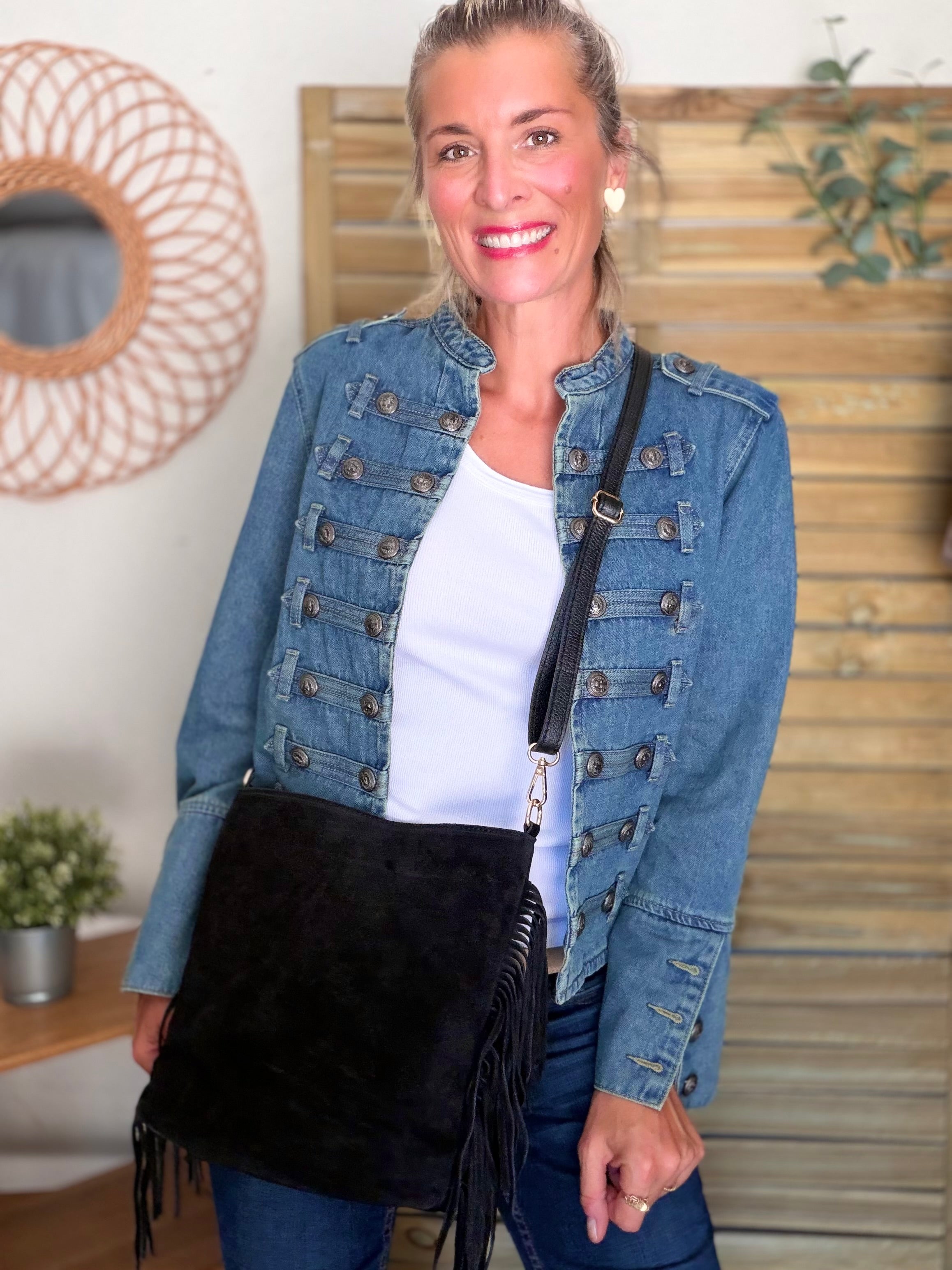 Sac seau en cuir daim avec franges KYLIE - Noir