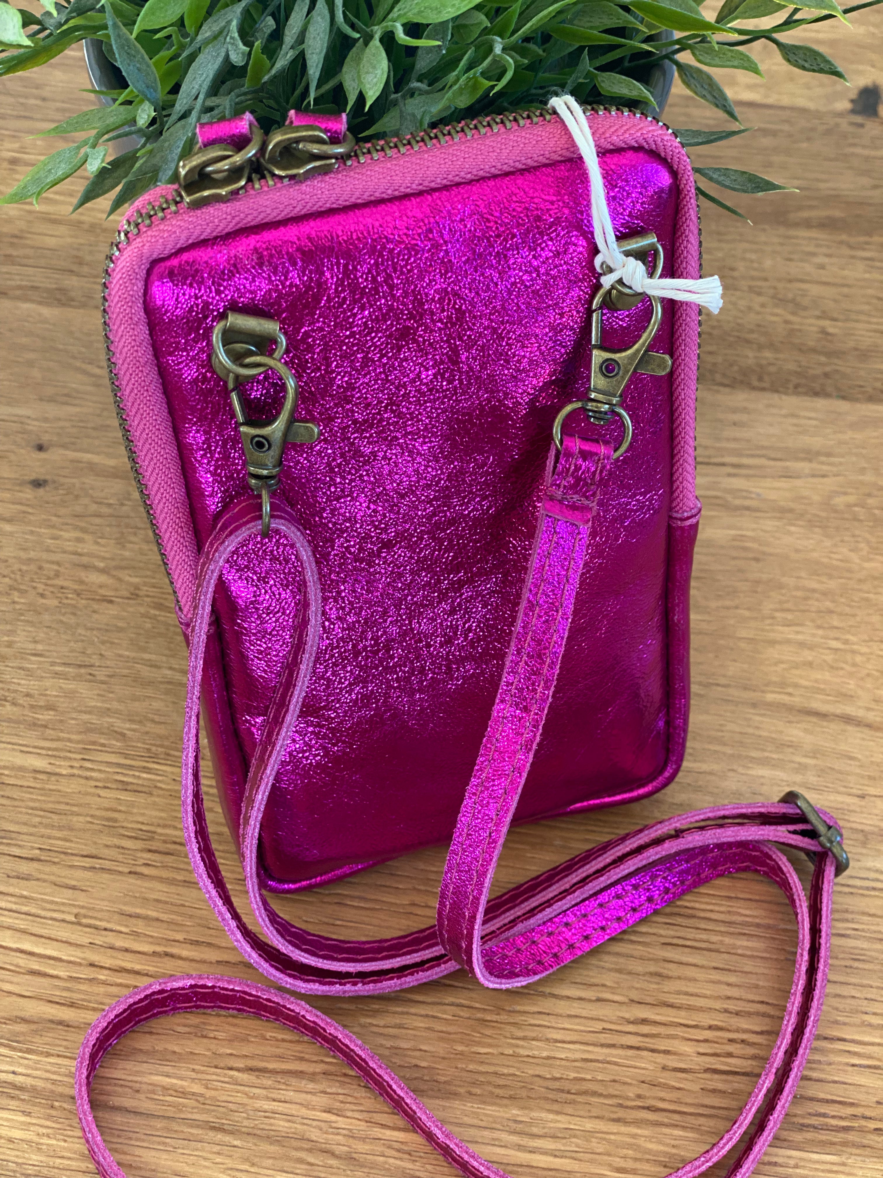 Pochette bandoulière pour téléphone en cuir irisé - STELLA - Fuschia (9 coloris)