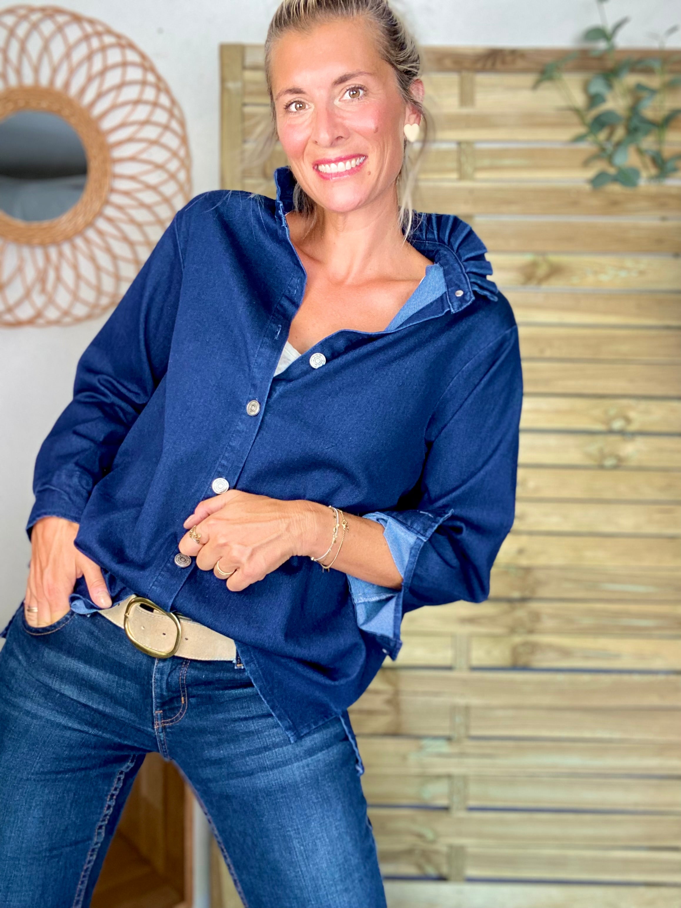 Veste / Chemise en coton, col volanté Bleu Jean LISON