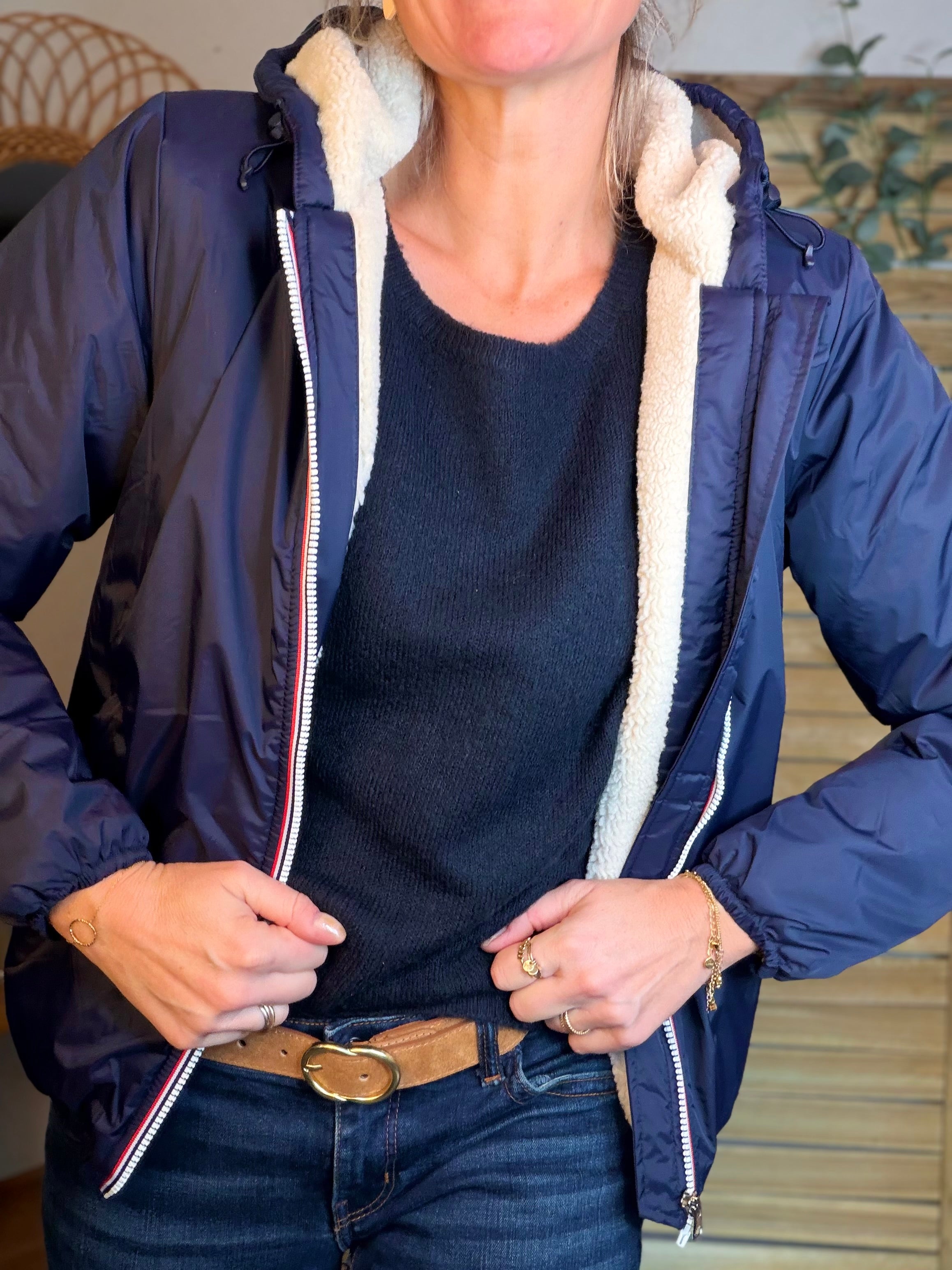 Parka Imperméable LOUISE COURT sherpa - Bleu marine - LAURA JO (DÉSTOCKAGE Taille L)