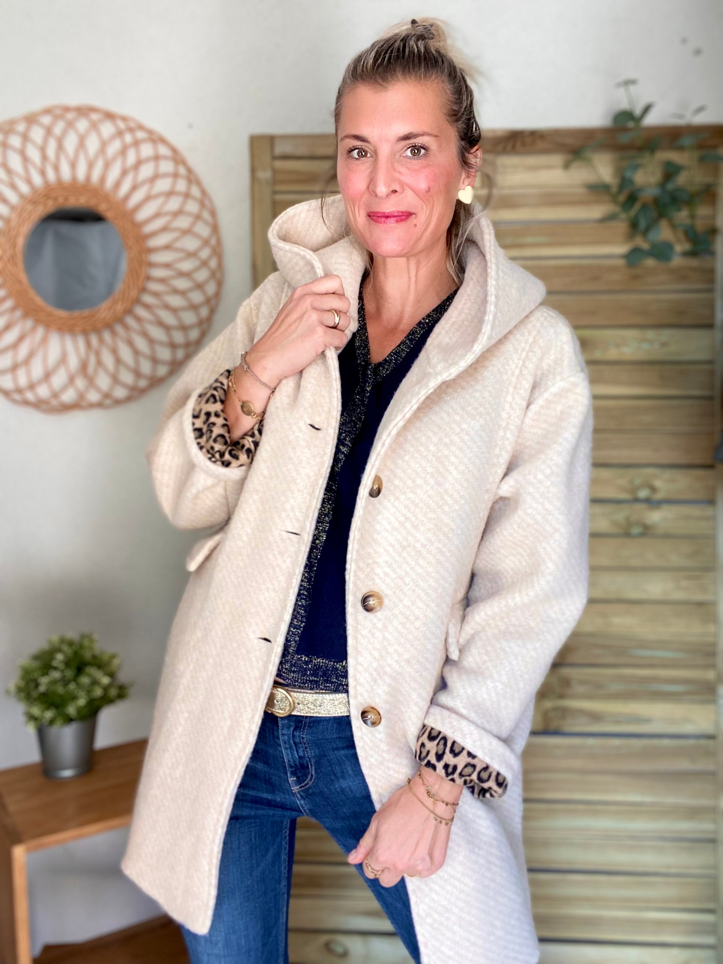 Manteau laine AGATHE avec détails Léo (étoile capuche) - Beige