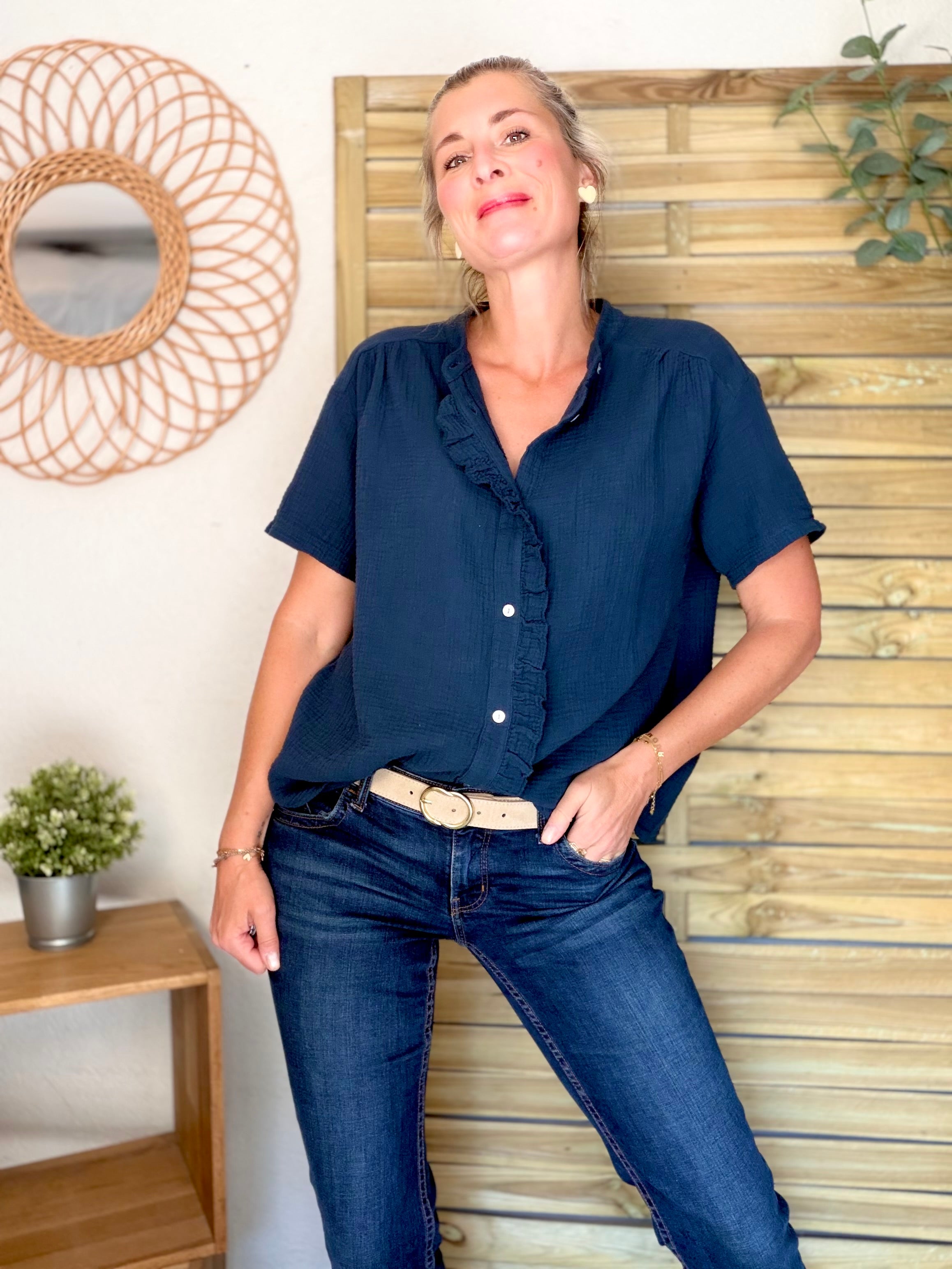 Blouse en gaze de coton ANAËLLE Bleu marine