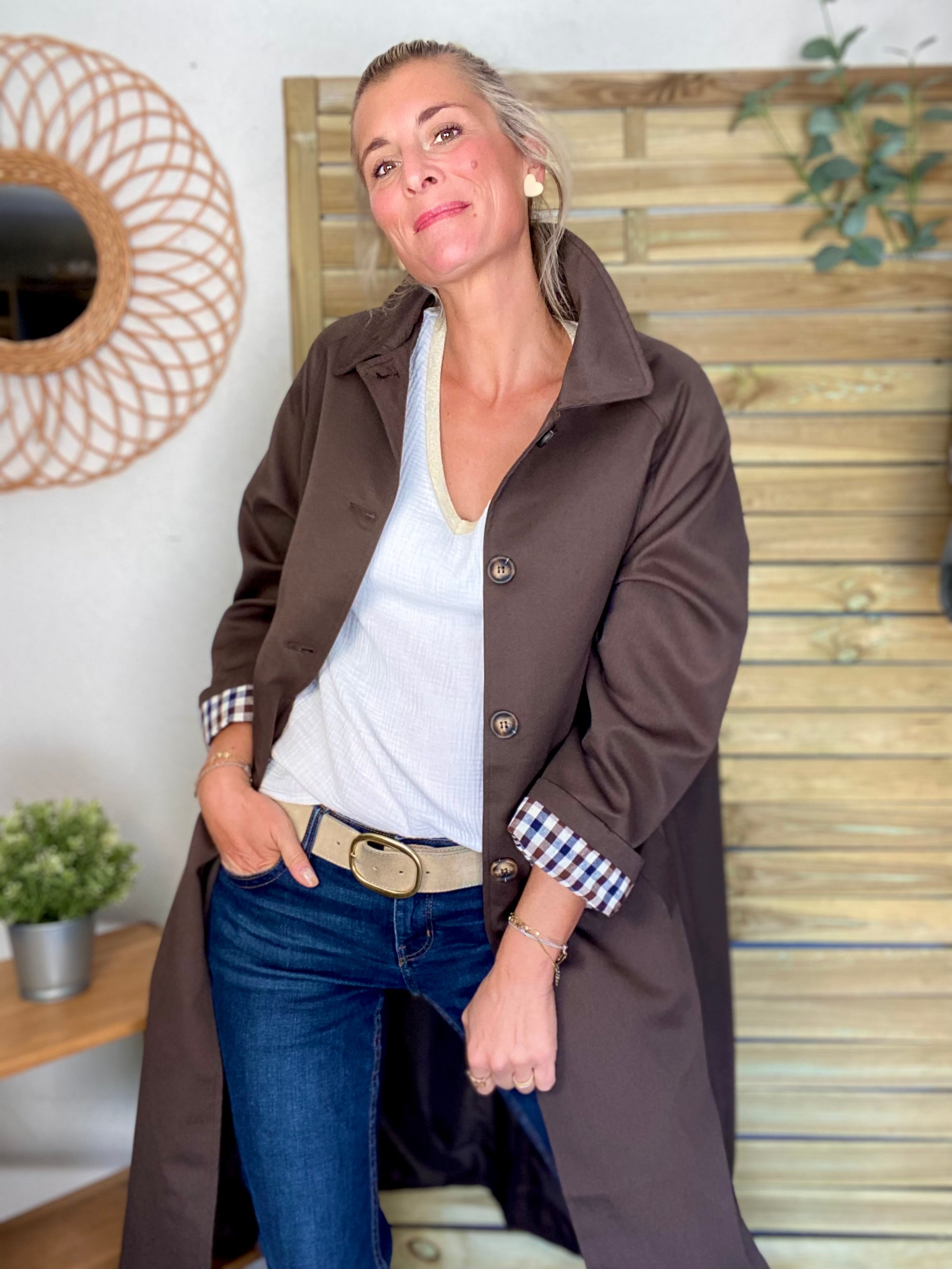 Veste Trench en coton avec vichy - YSEULT long Chocolat