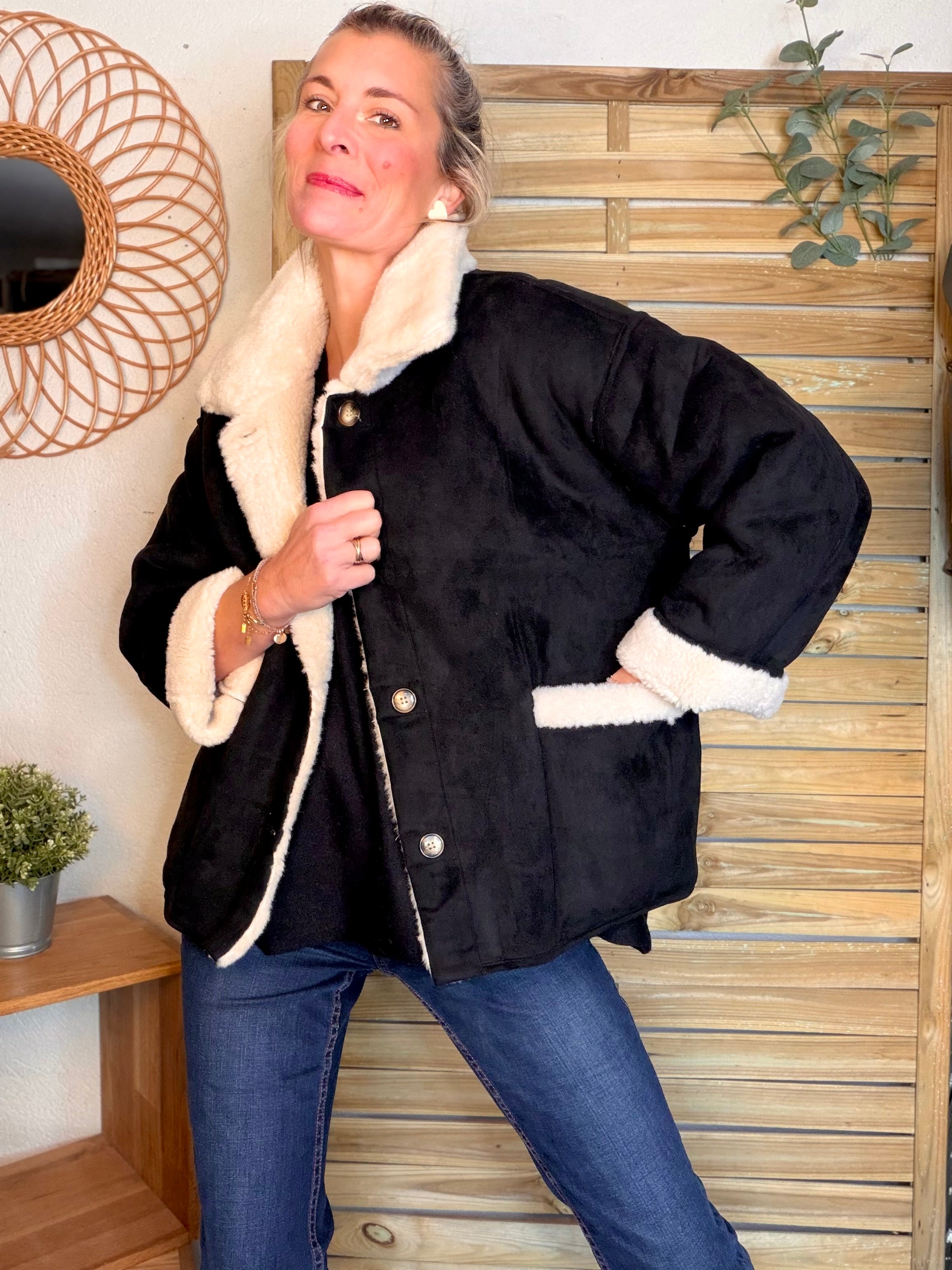 ⚡️ PÉPITES FRIDAY - Veste réversible suédine Noir / Sherpa Écru AMALIA