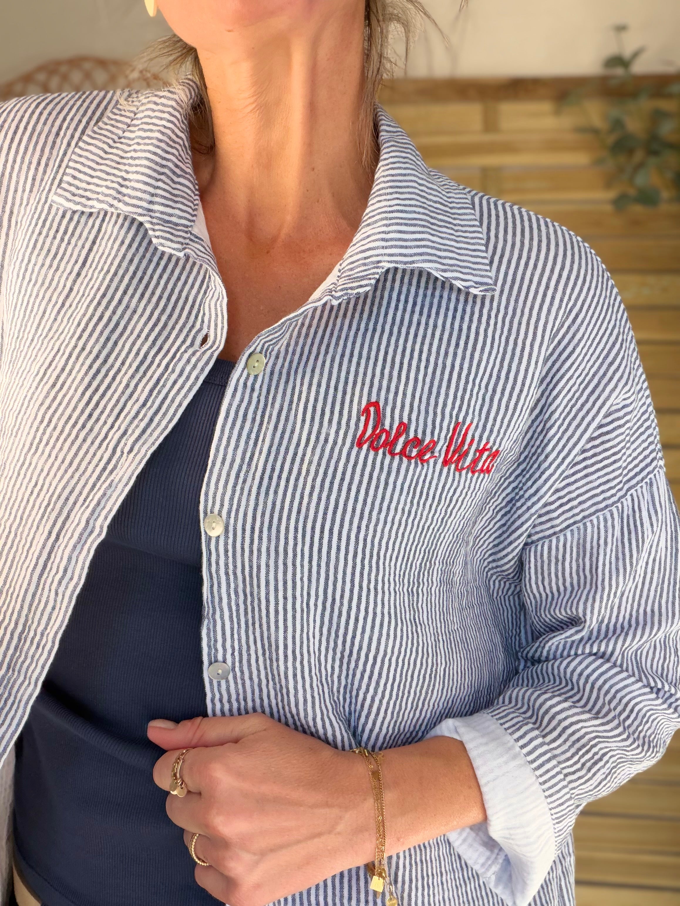 Chemise en gaze de coton brodé Dolce Vita LEÏLA Bleu