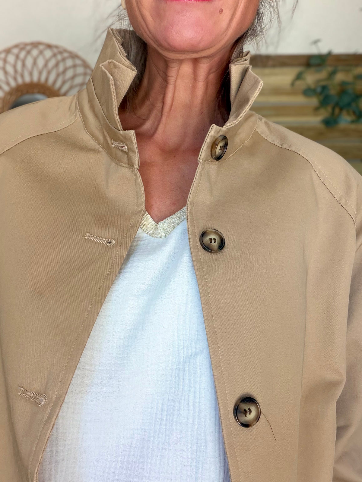 Veste Trench mi-long col victorien avec carreaux - ANDY Beige taupe