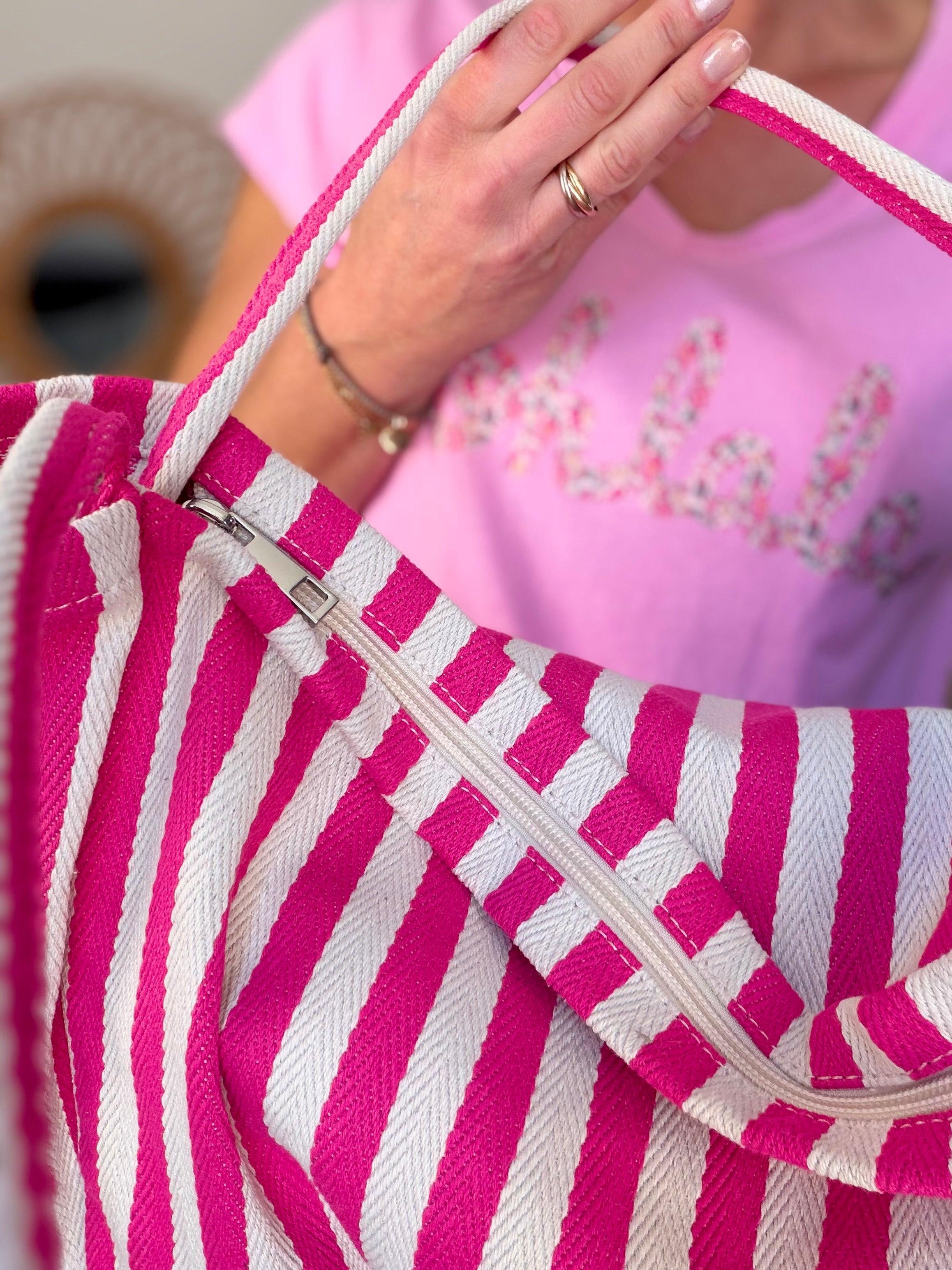 Sac cabas rayé avec fermeture zippée PAULA Fuschia