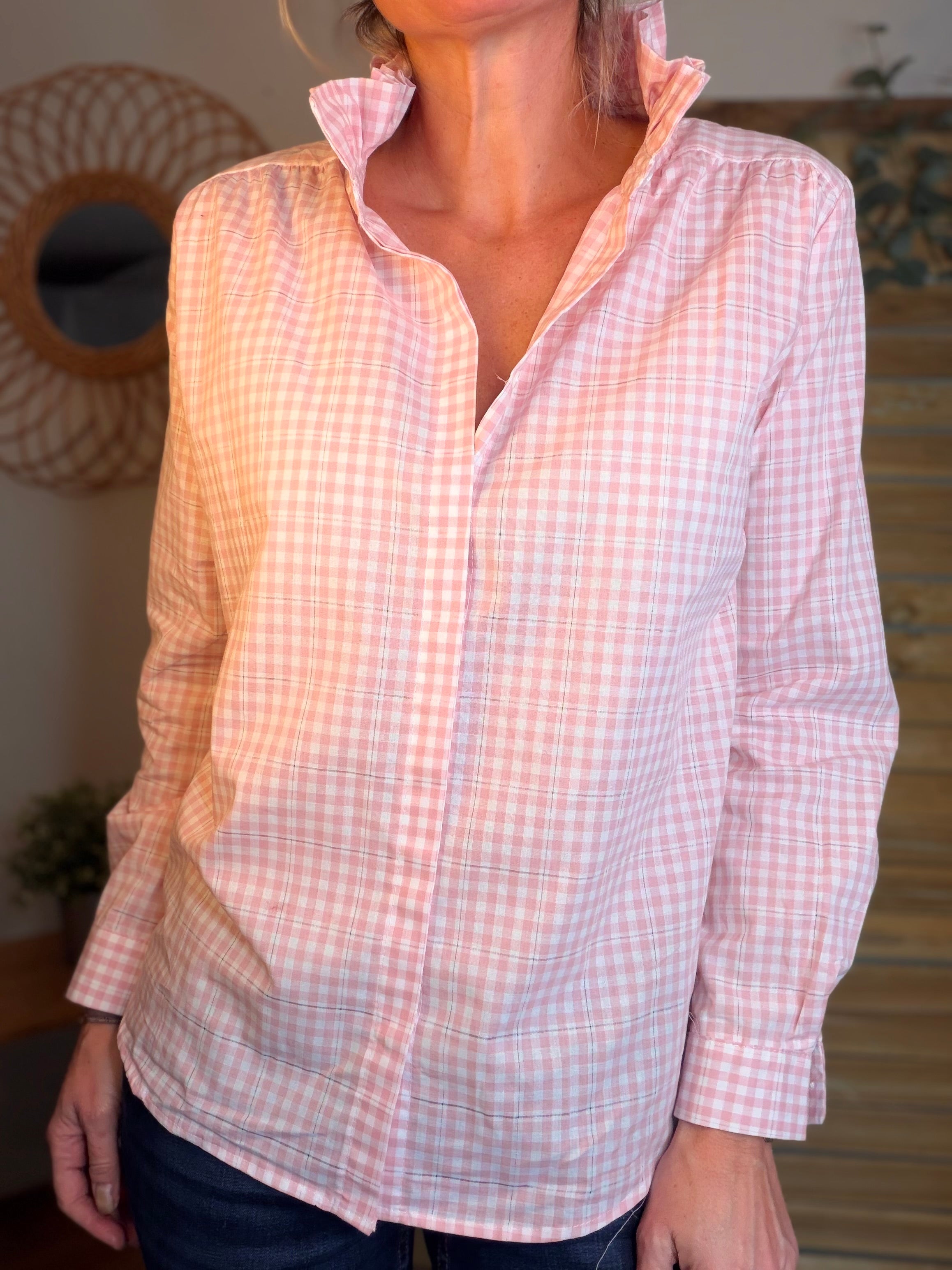 Chemise imprimée vichy, col victorien volanté MEREDITH - Rose