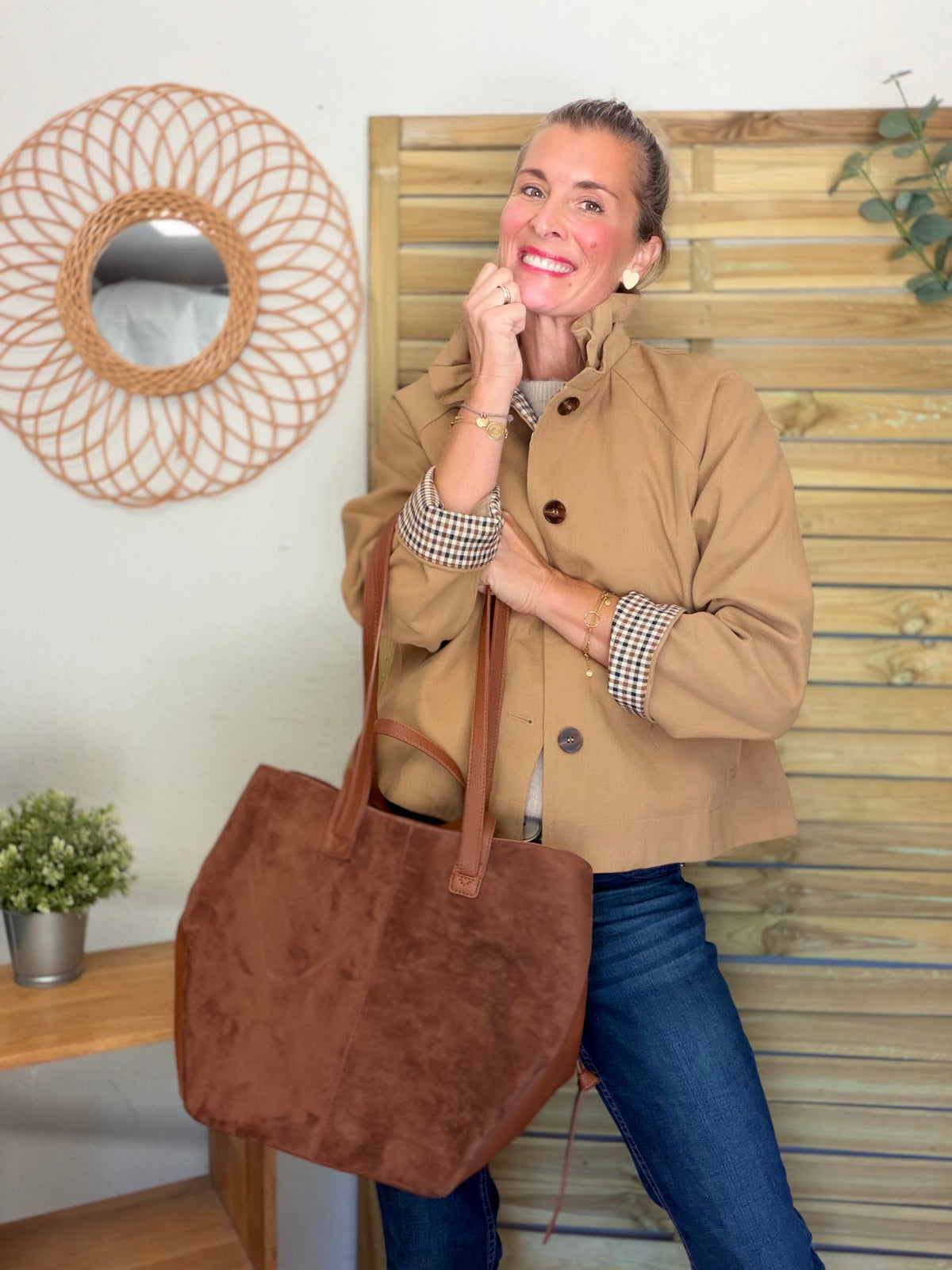 Grand Sac cabas 2 en 1 en simili daim - LAURÈNE Camel