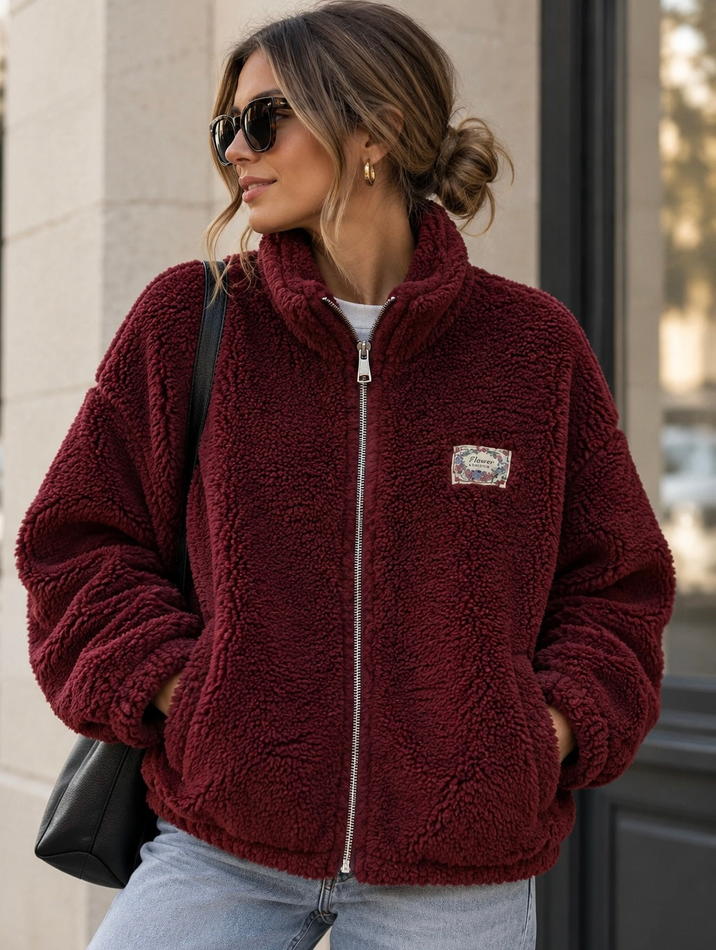 Veste Sherpa zippée LÉONIE Bordeaux