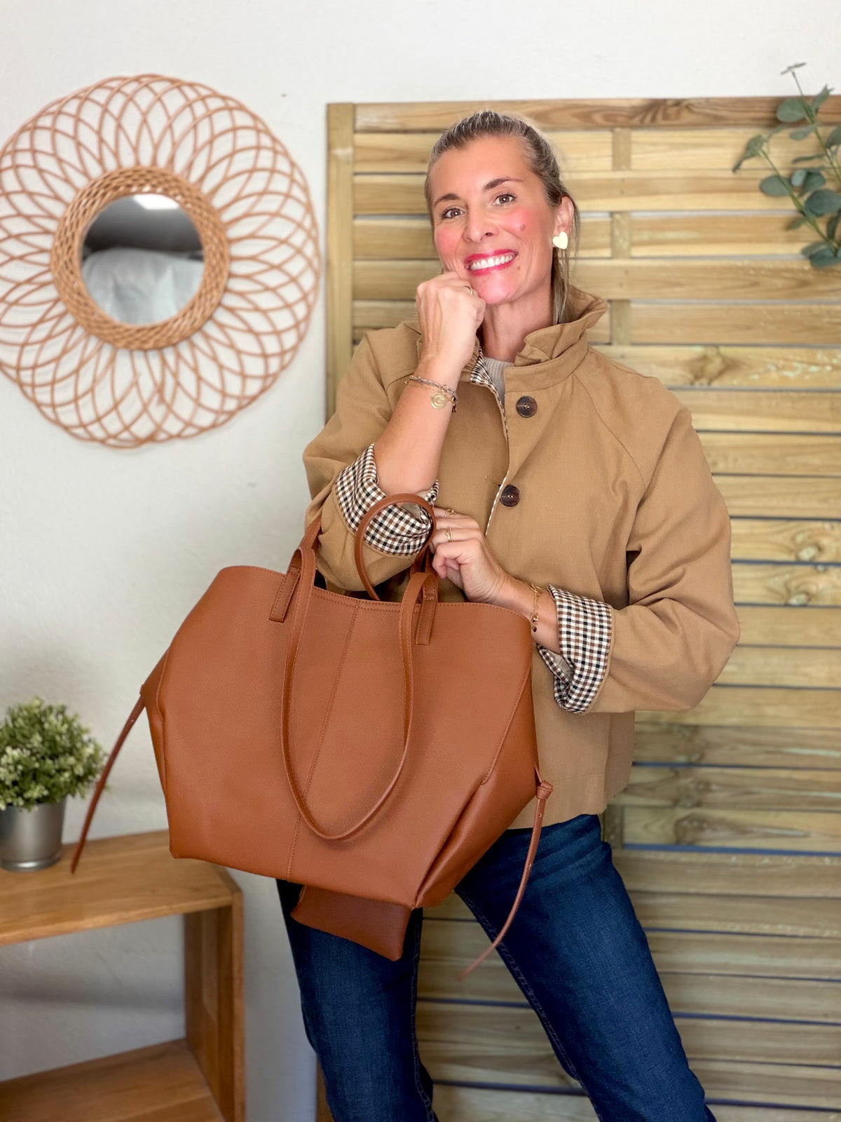 Grand Sac cabas 2 en 1 en simili cuir grainé - PAULE Camel grainé