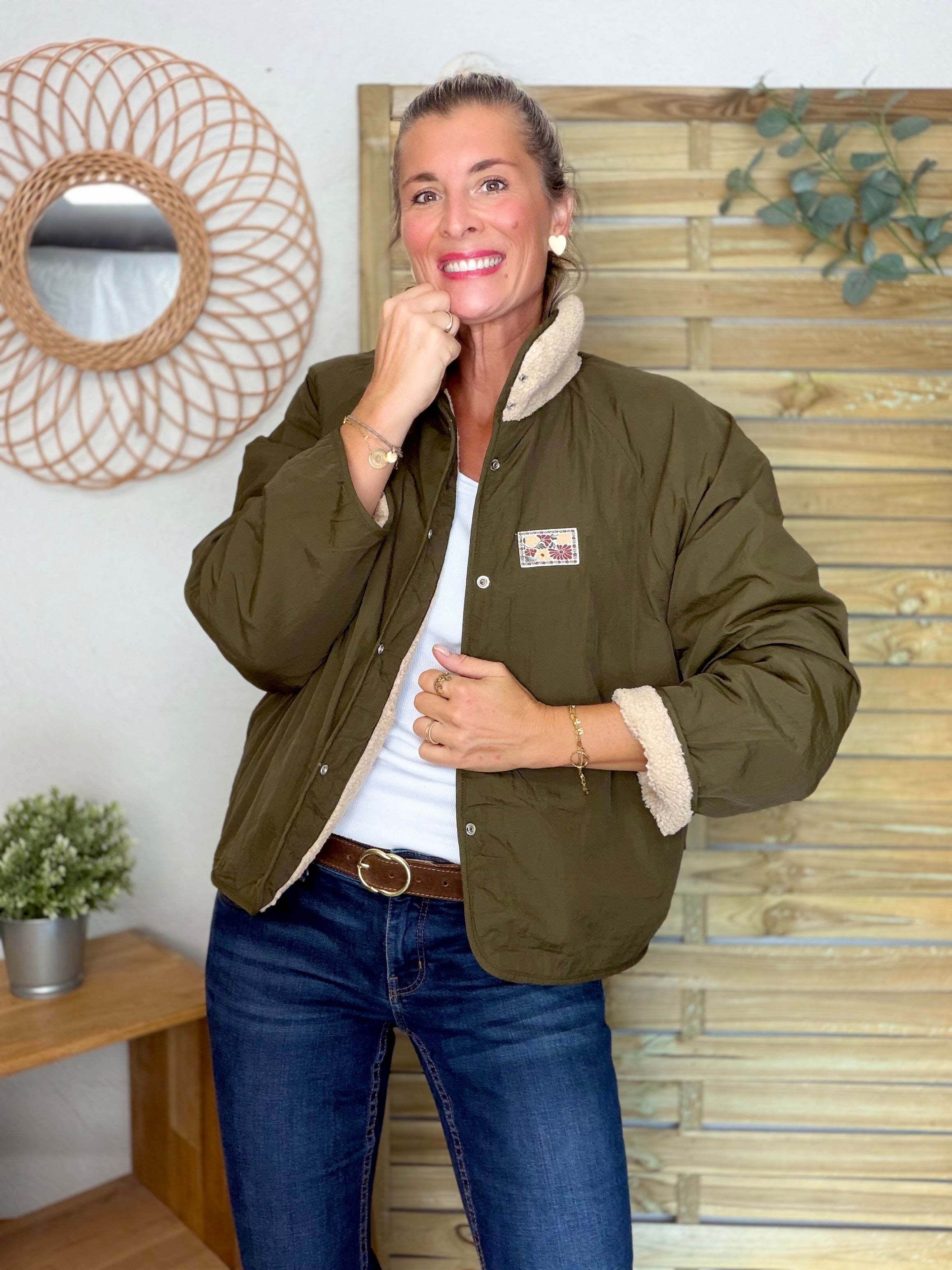 Veste matelassée réversible Sherpa AMÉLIE Kaki / Beige