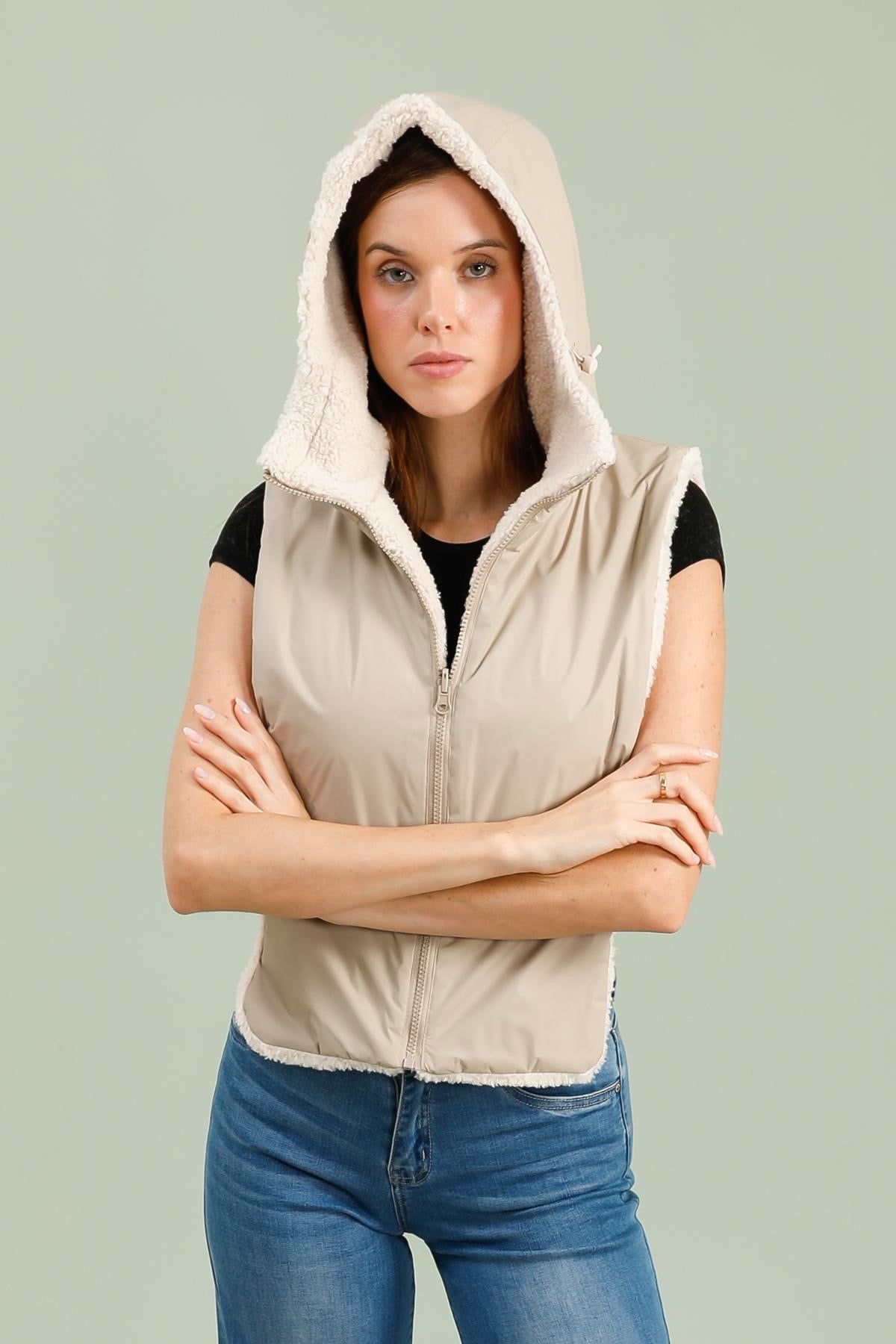 Col capuche amovible réversible  - Beige / Sherpa écru TONY - LAURA JO