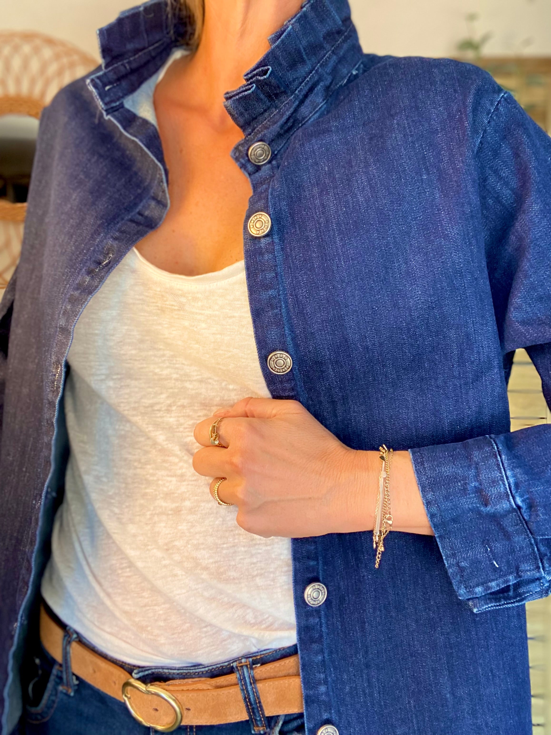 Veste / Chemise en coton, col victorien volanté Bleu Jean LISON