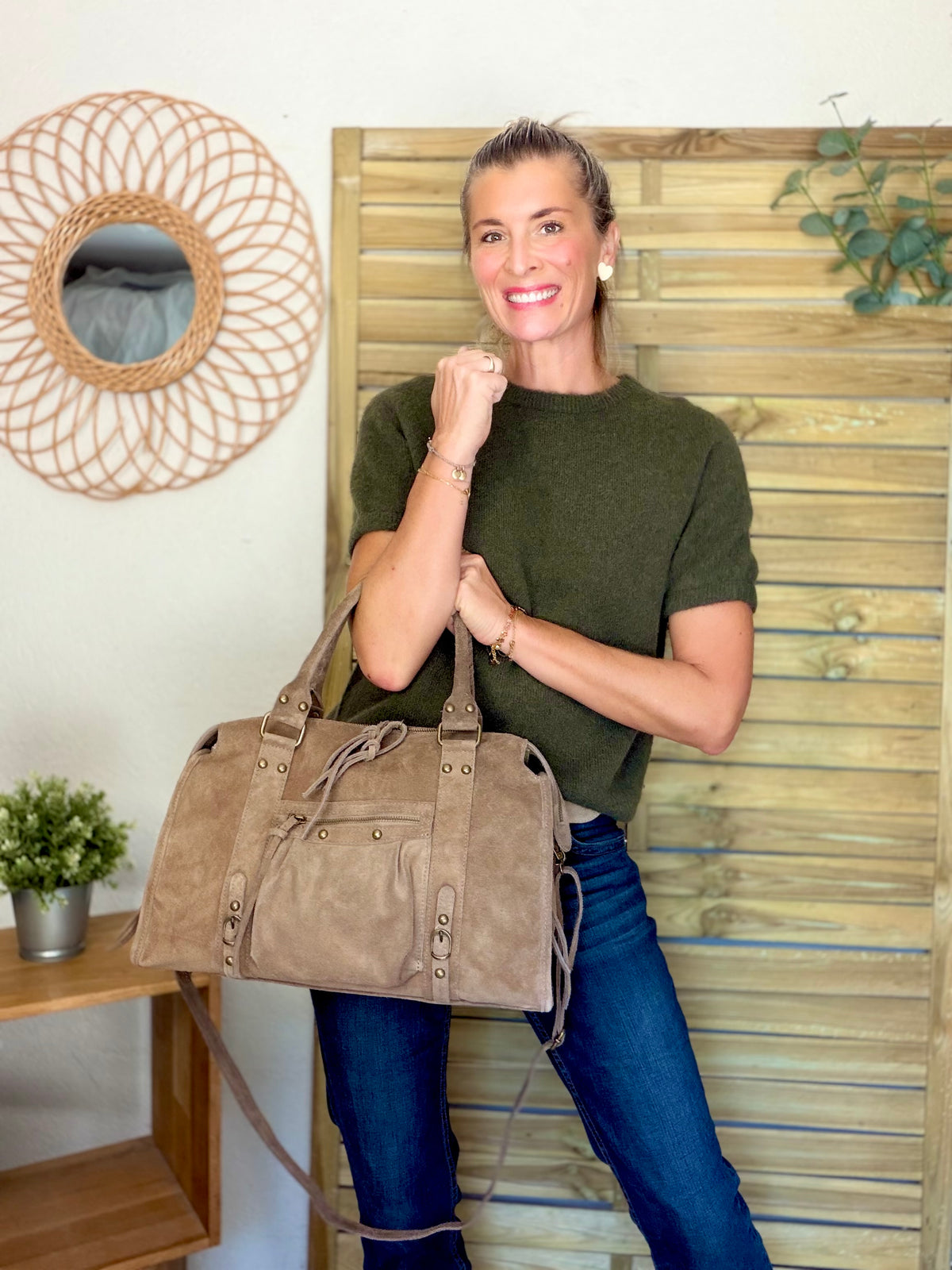 Sac cabas XL en cuir daim • HUNTER Taupe