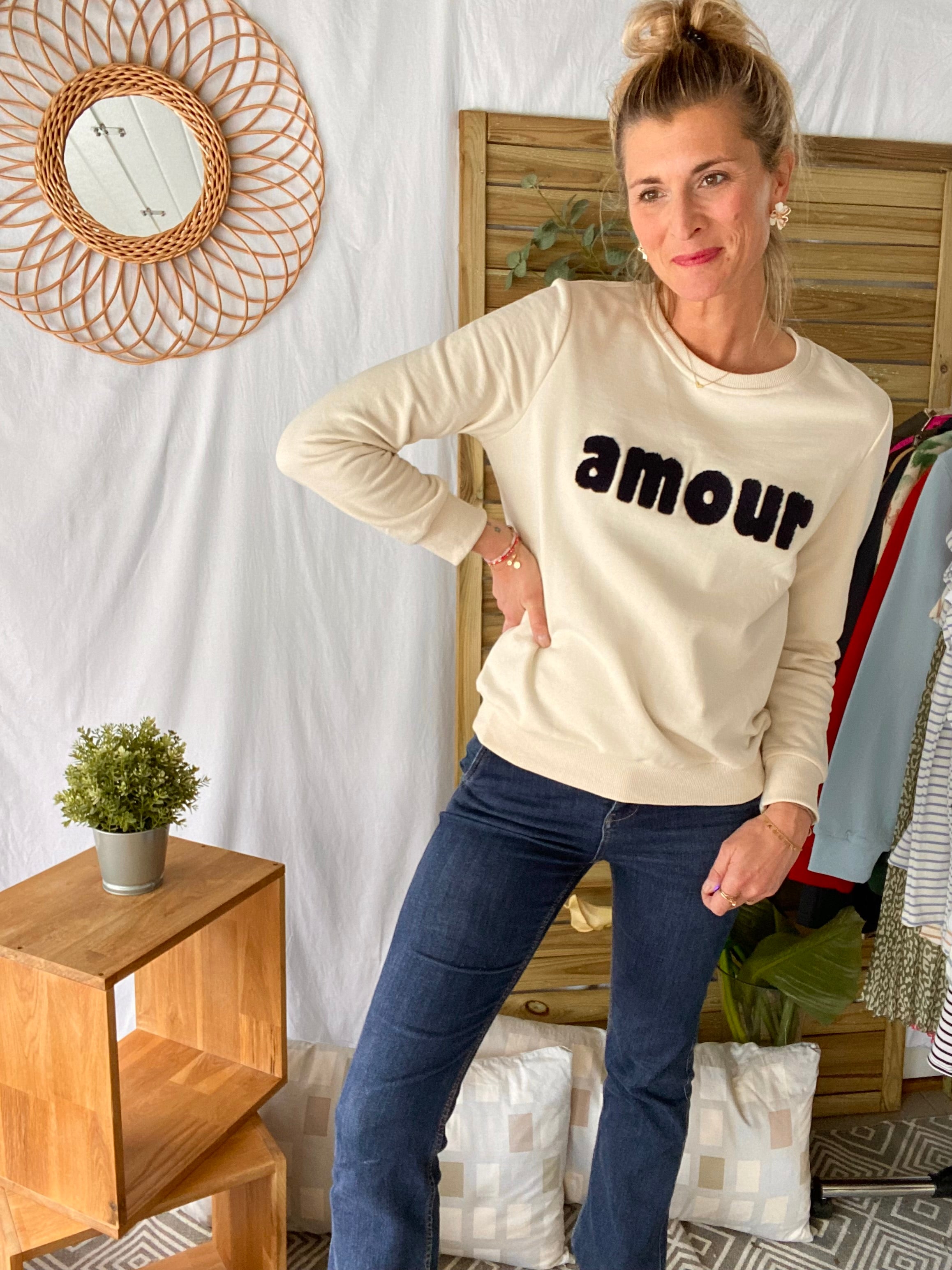Sweat amour en coton GABRIELLE - Écru/marine - FIN DE SÉRIE