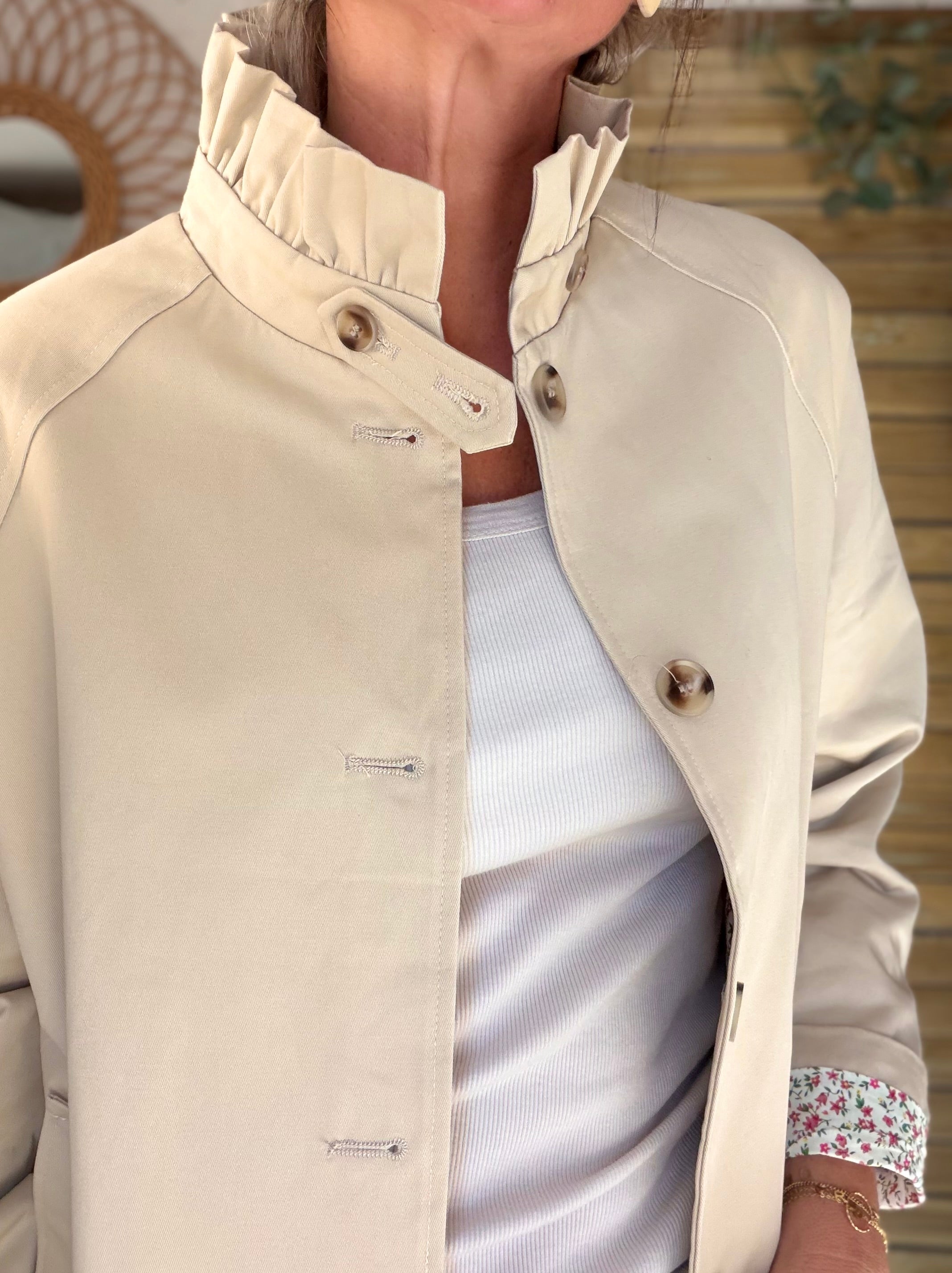 Veste Trench col victorien avec Liberty rose - VICKY Beige