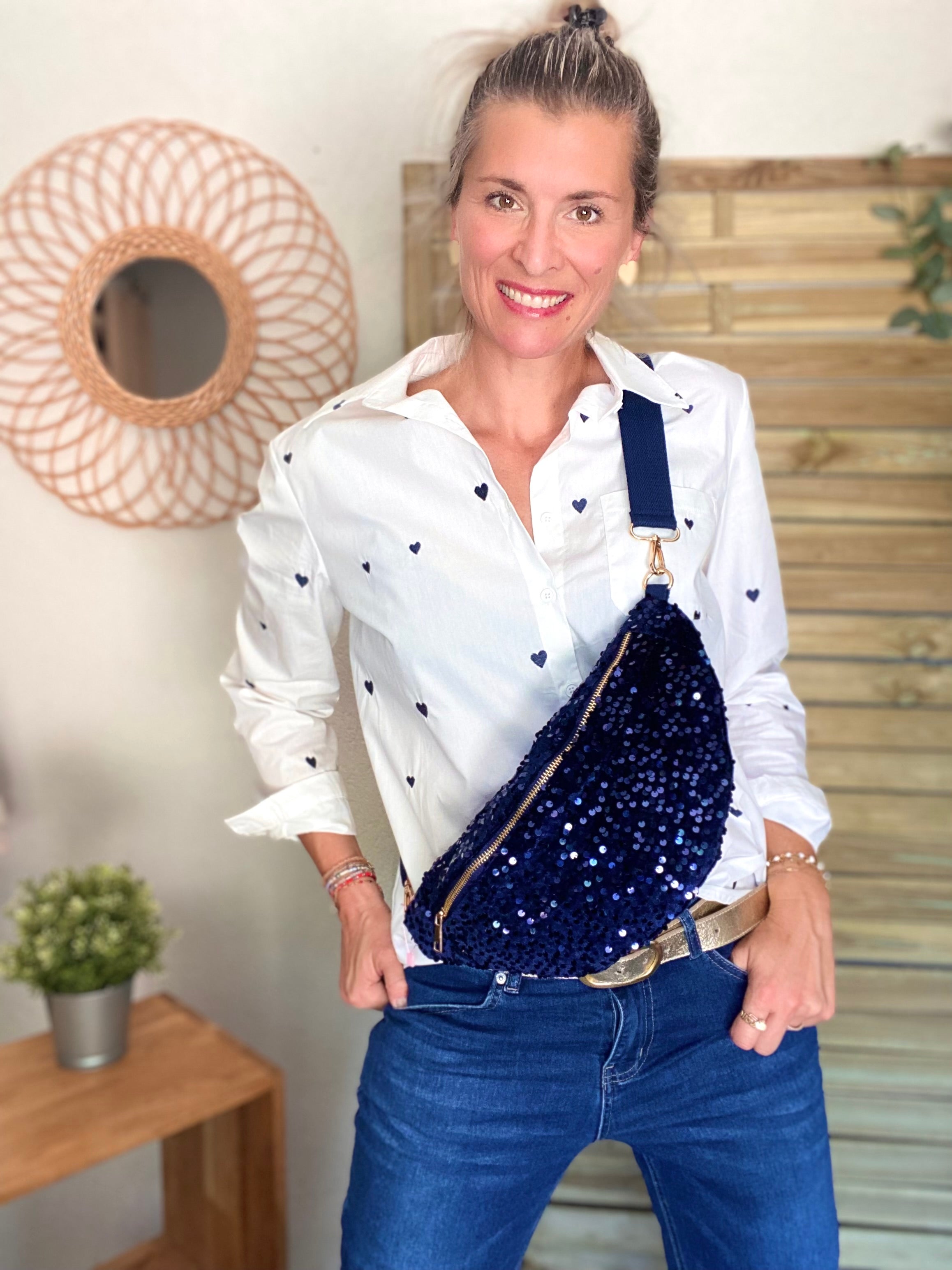 Sac banane L velours à sequins Ciao Boum - TAYLOR - Bleu marine