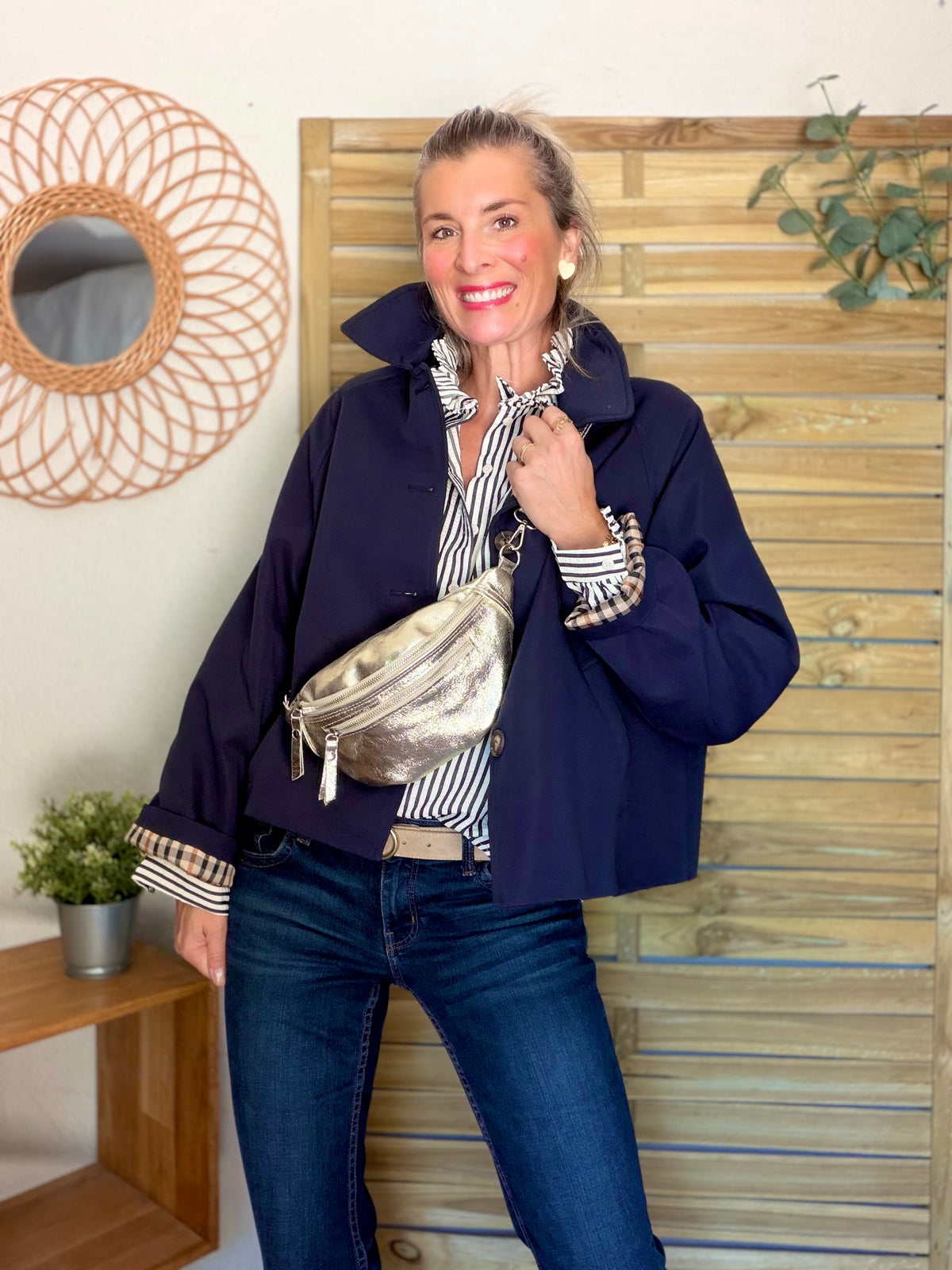 Chemise fluide rayée bleu marine gaufré col victorien CÉLINE