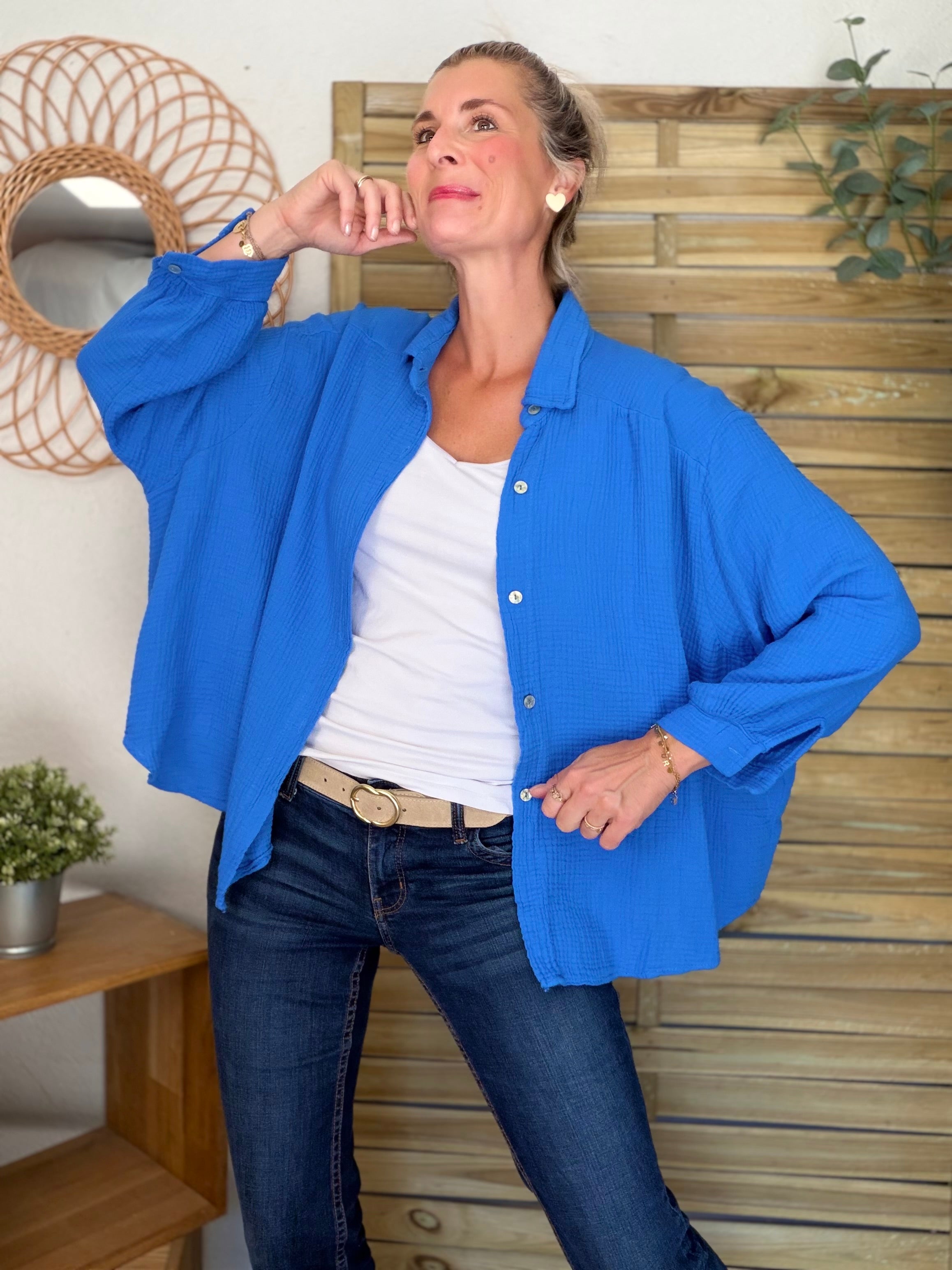 Chemise en gaze de coton unie FÉLICIA Bleu électrique