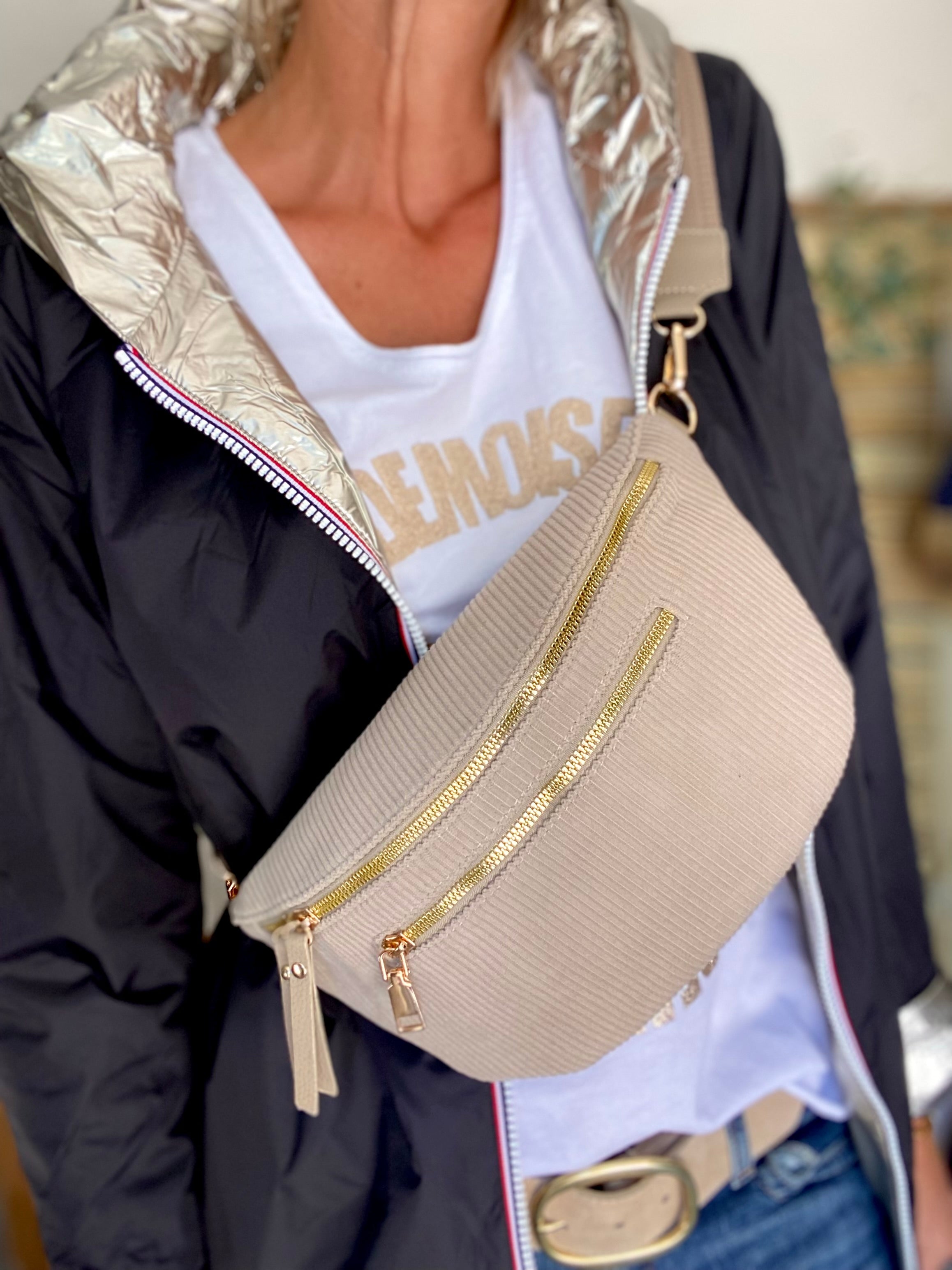 Sac banane L en velours côtelé 2 zips et sangle fantaisie - ASHLY - Beige taupe