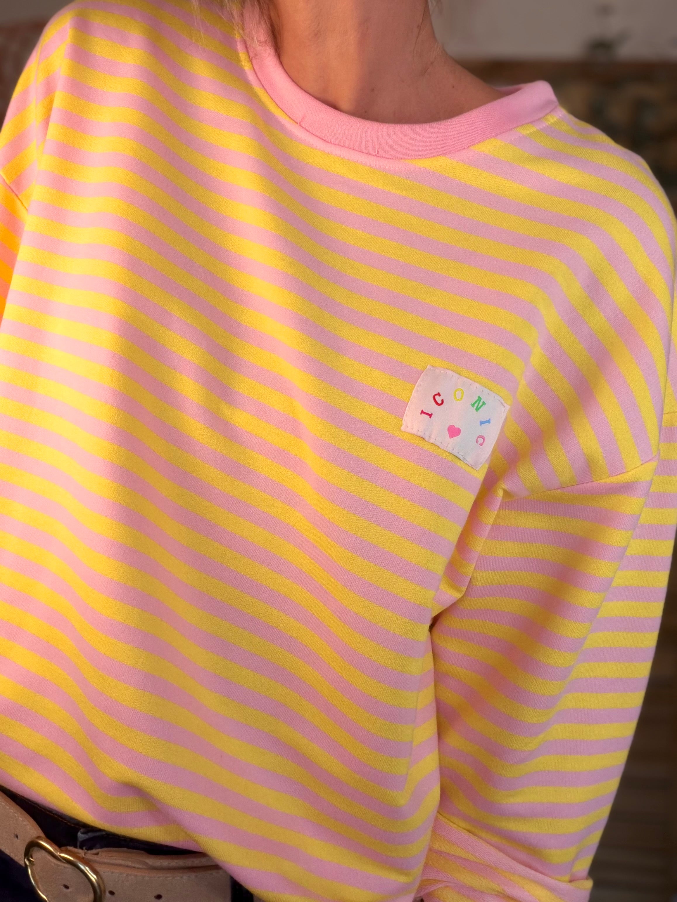 Sweat fin rayé ample Iconic CORALIE - Rose / Jaune