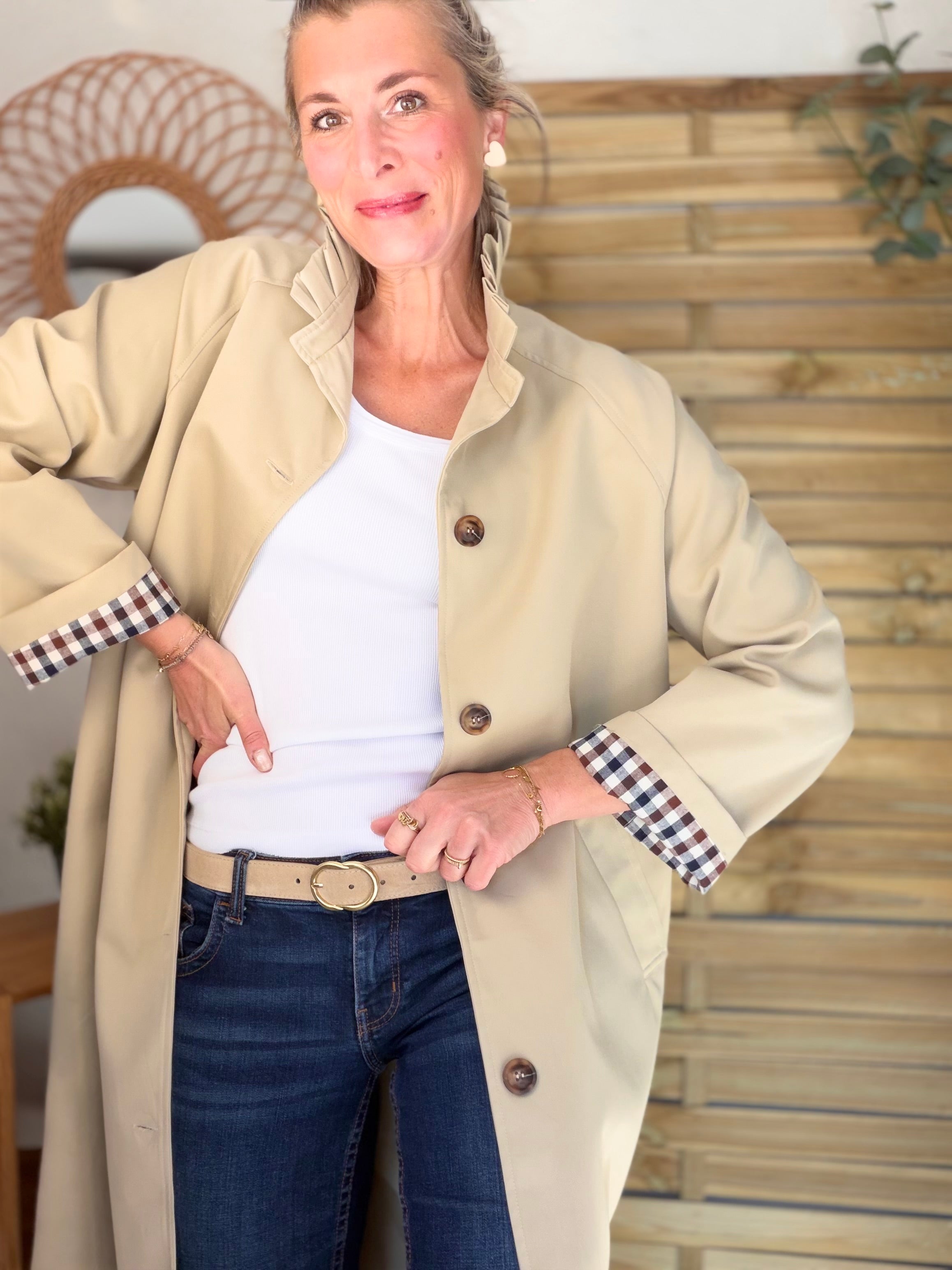 Veste Trench col victorien avec vichy - VICKY LONG Beige