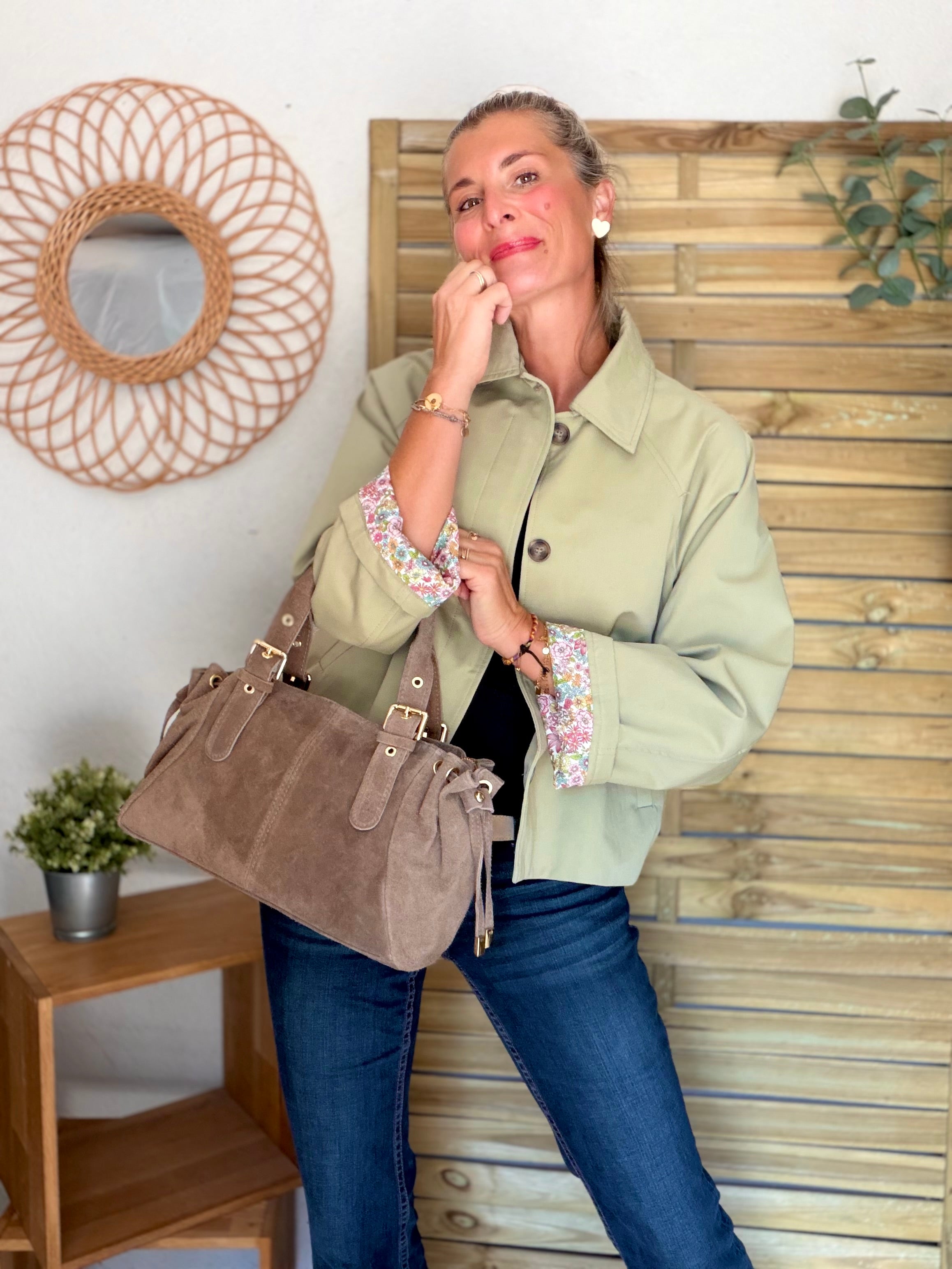 Veste Trench en coton Vert amande avec Liberty - MAHAUT - LILI et LALA