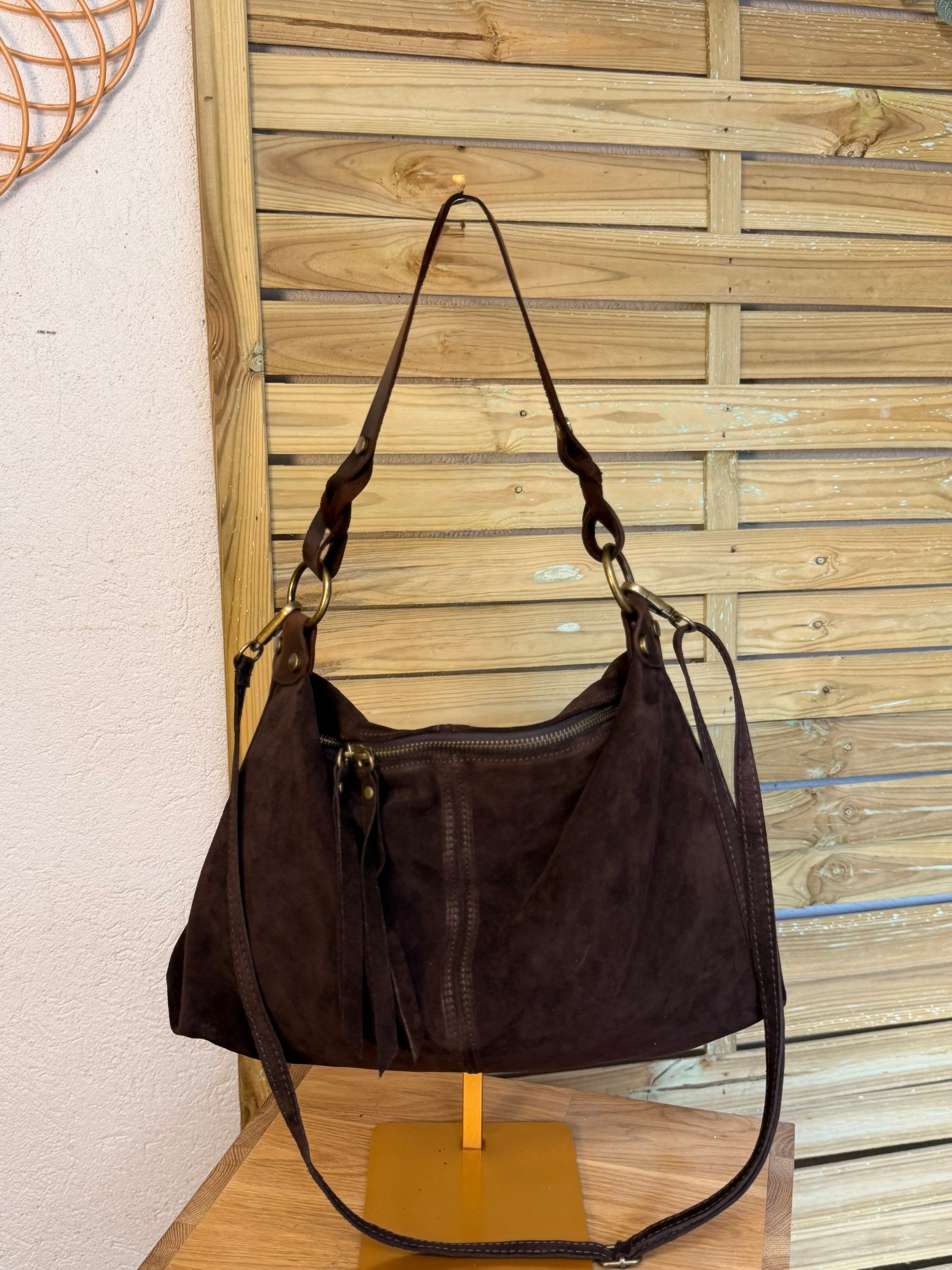 Sac hobo en cuir daim souple, double bandoulière ANDREW Chocolat