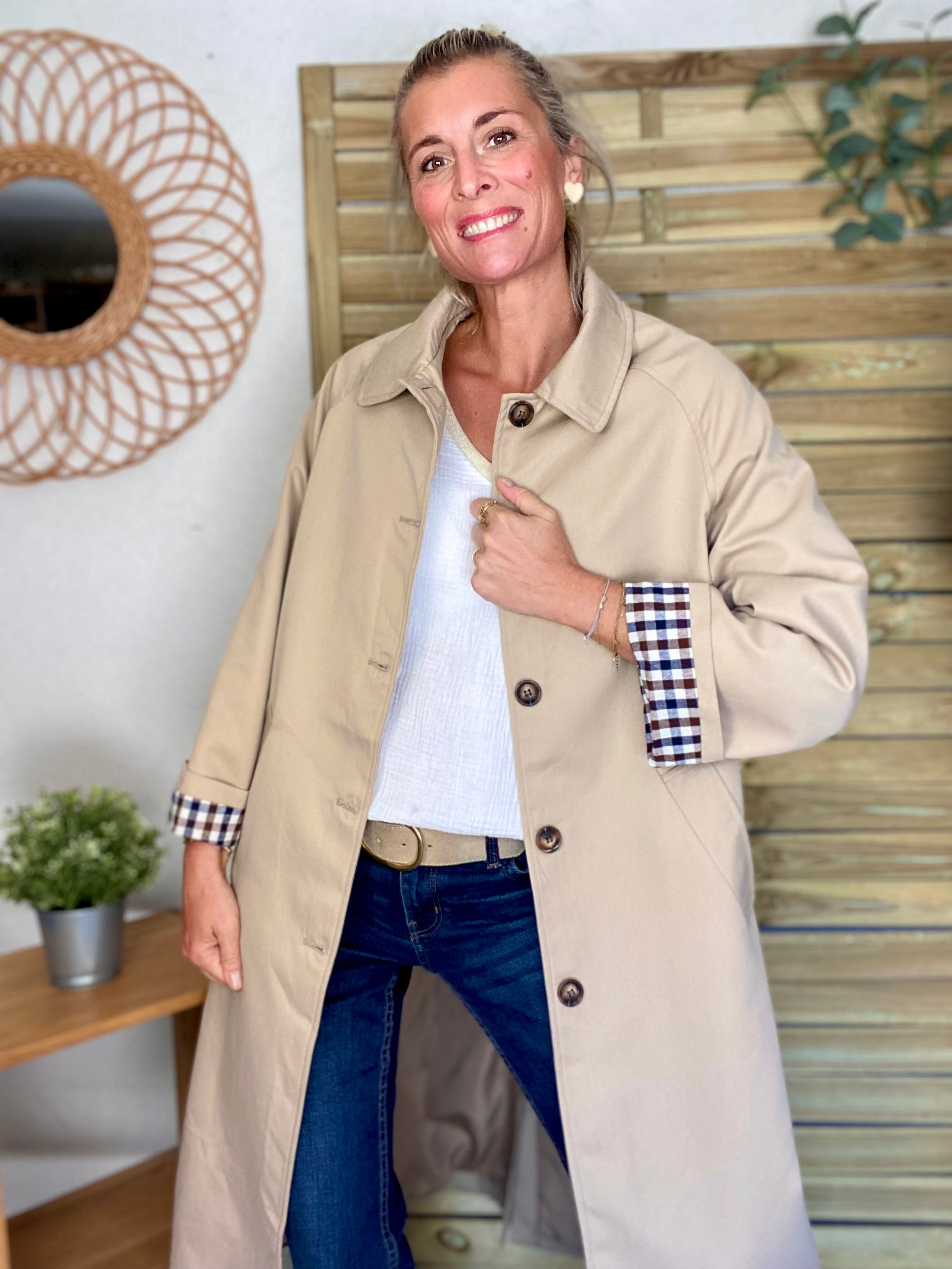 Veste Trench en coton avec vichy - YSEULT long Beige