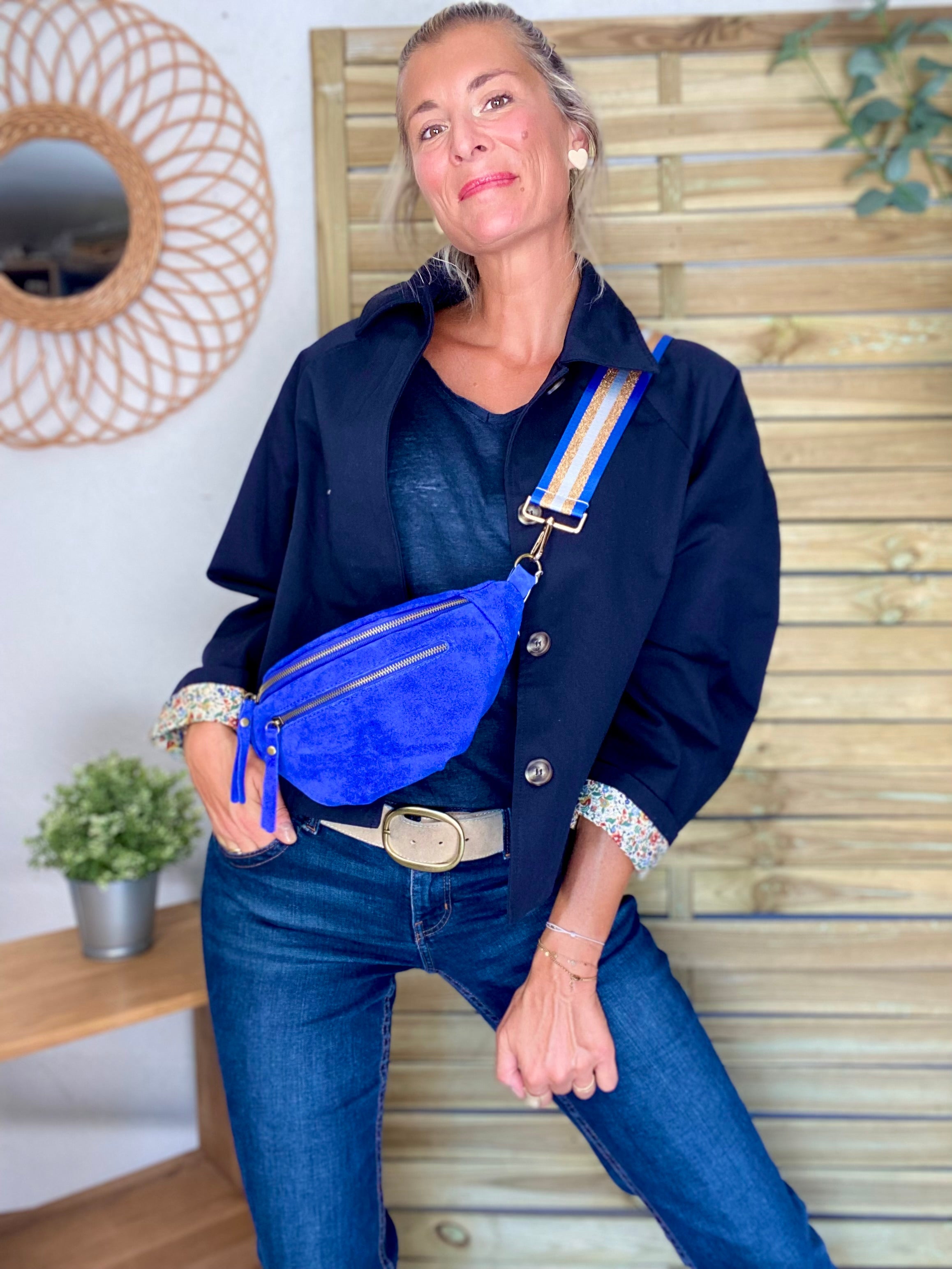 Veste Trench en coton bleu marine avec Liberty - MAHAUT