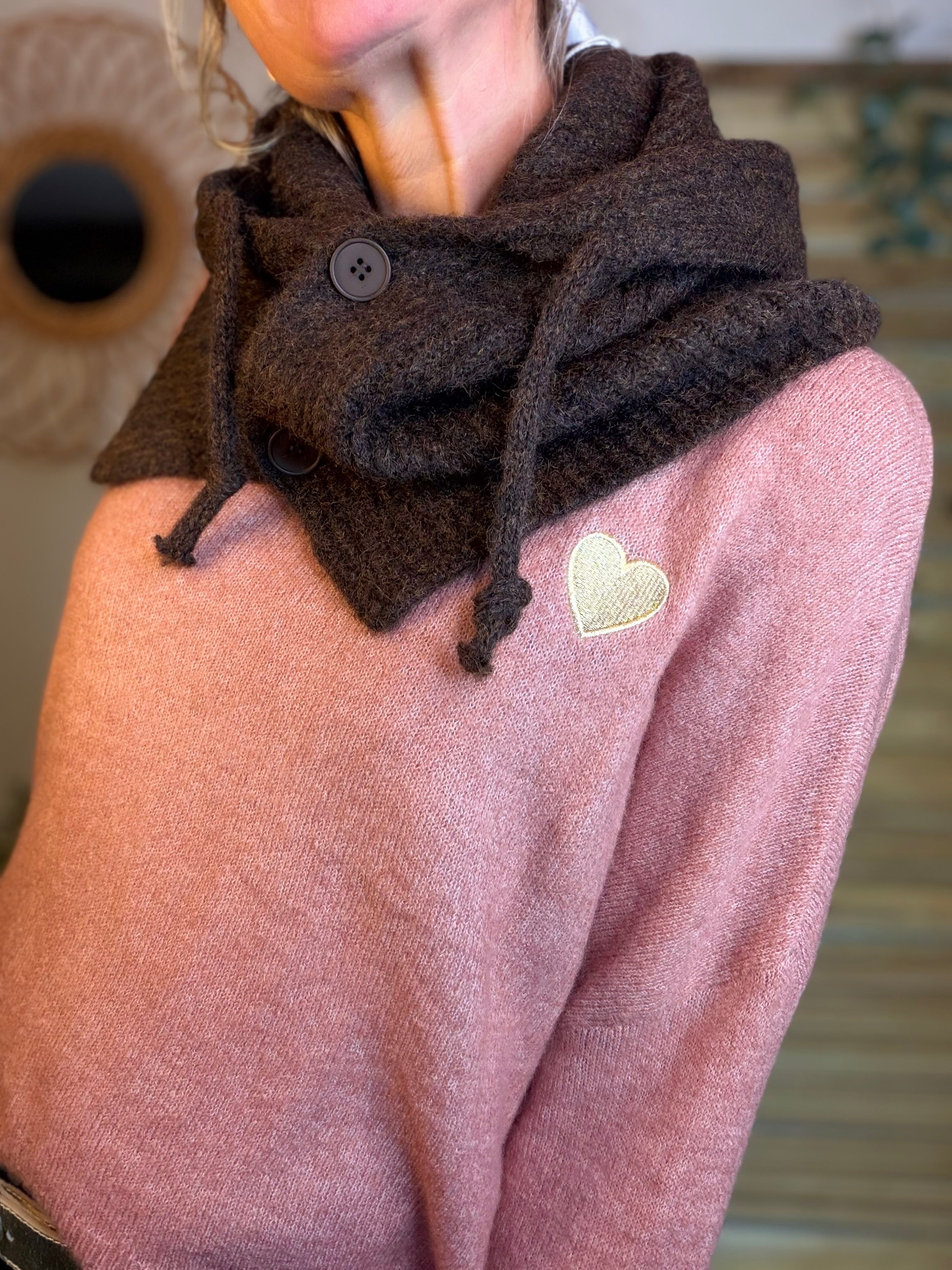 Col cagoule LORIE en maille avec bouton - Chocolat